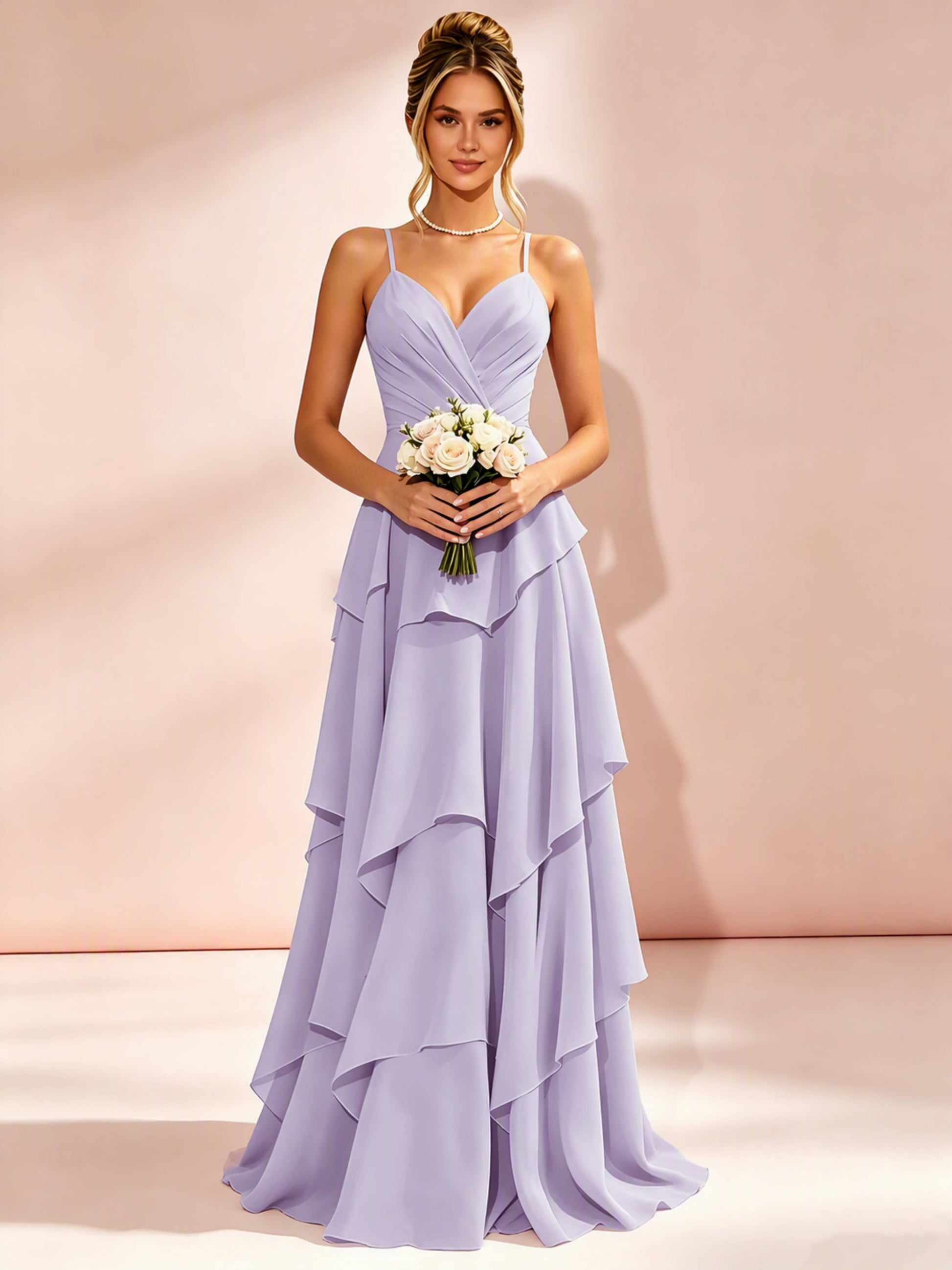 Spaghetti Straps Ruffle Tiered Chiffon Bridesmaid Dress for Wedding