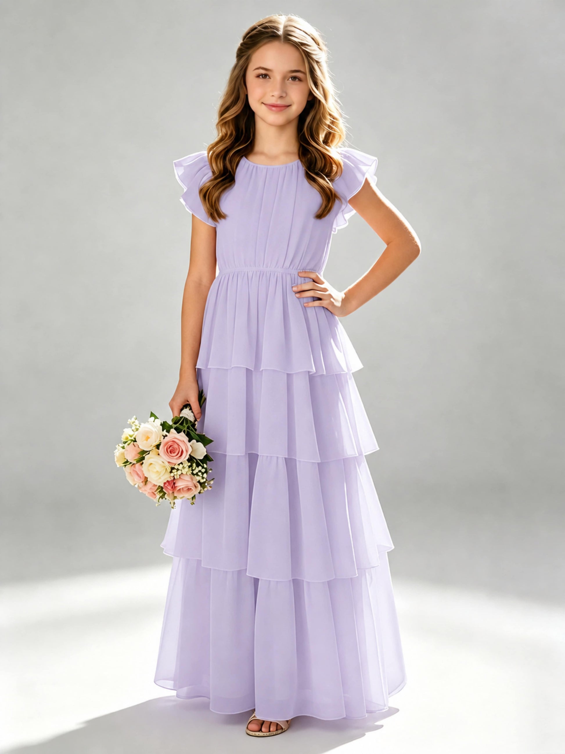 Chiffon Tiered Pleated Long Junior Bridesmaid Dresses