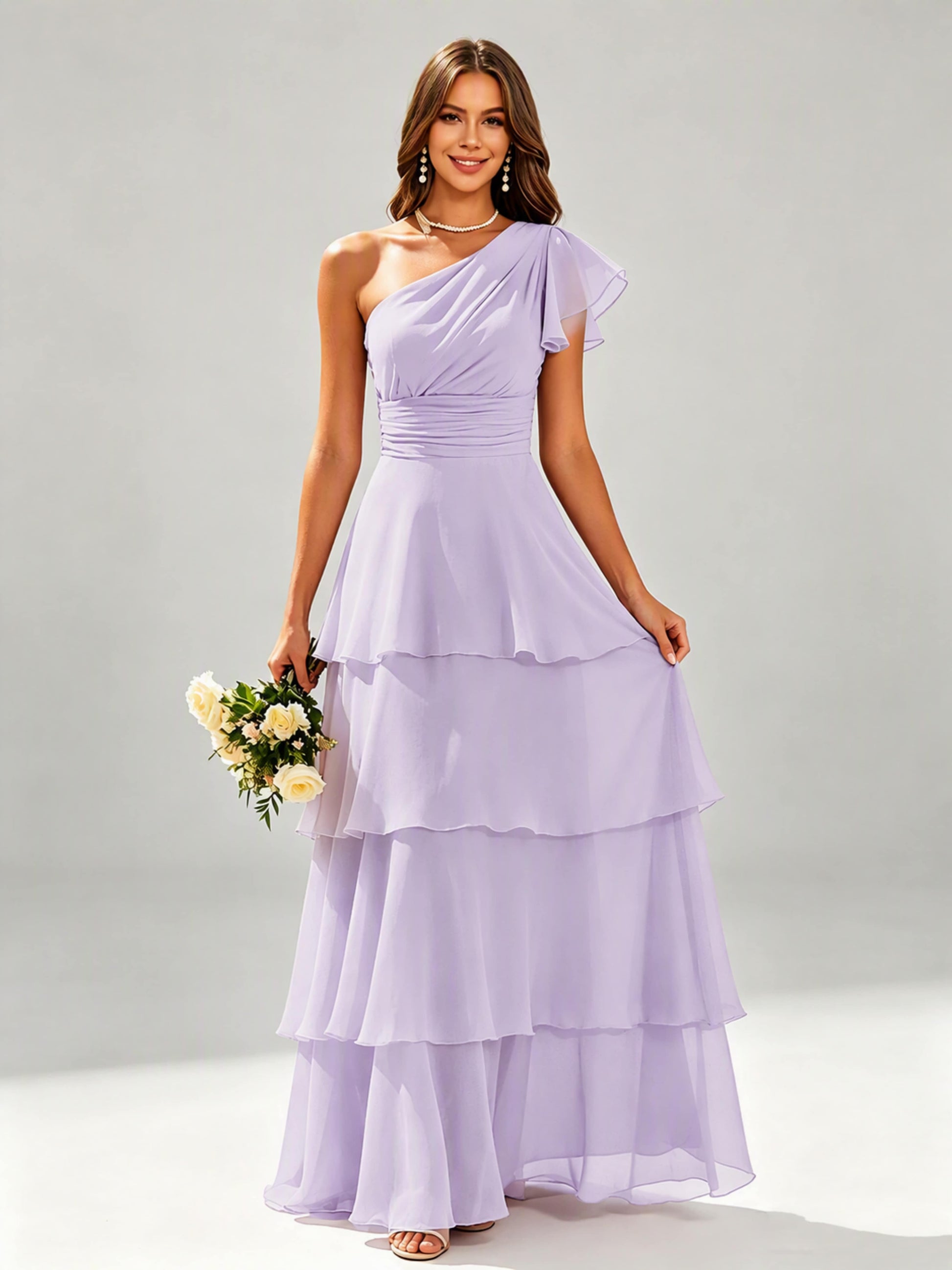 One Shoulder Ruffle Tiered Chiffon Bridesmaid Dress for Wedding