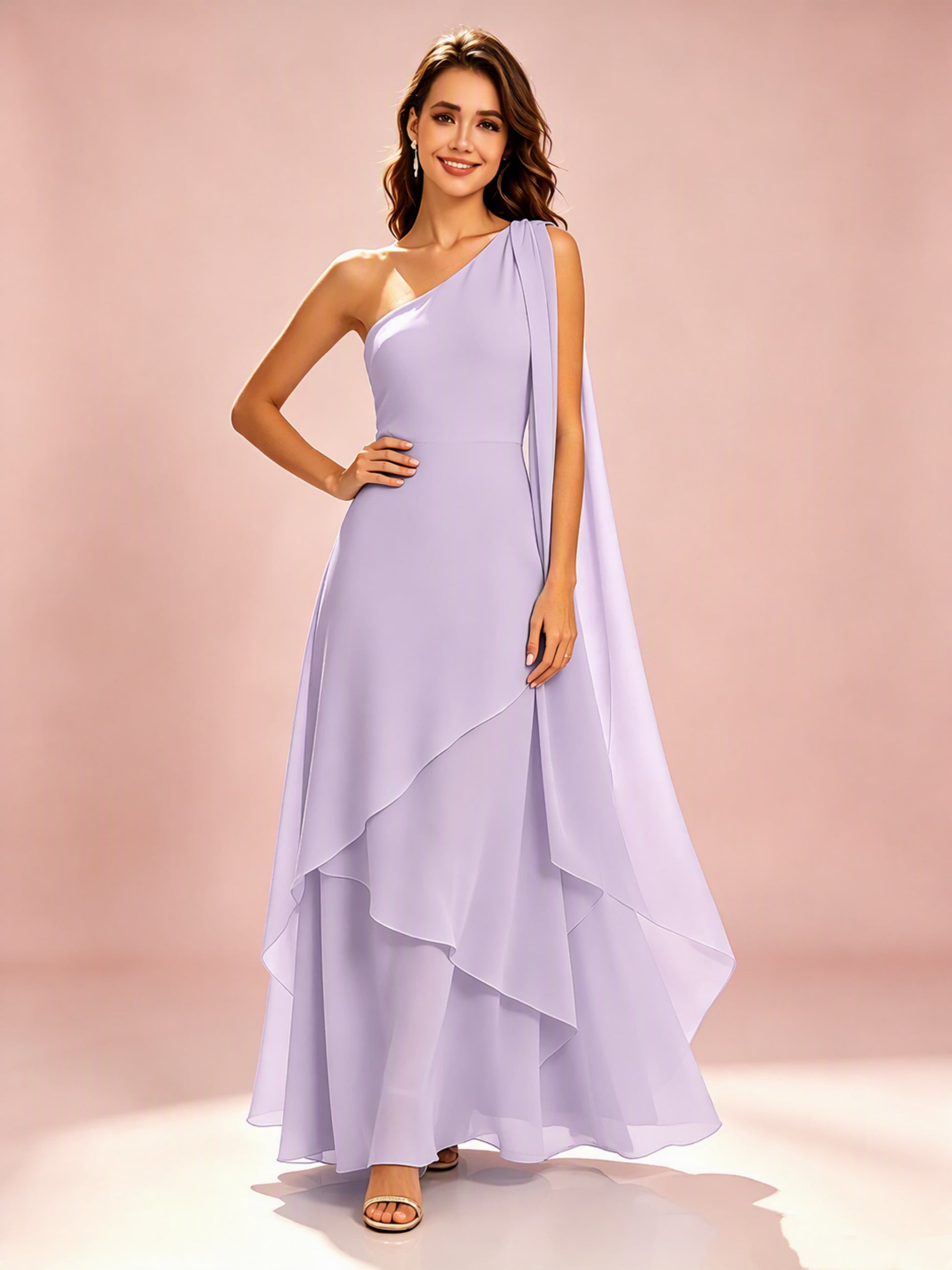 One Shoulder Chiffon Tiered Layered Bridesmaid Dresses for Wedding