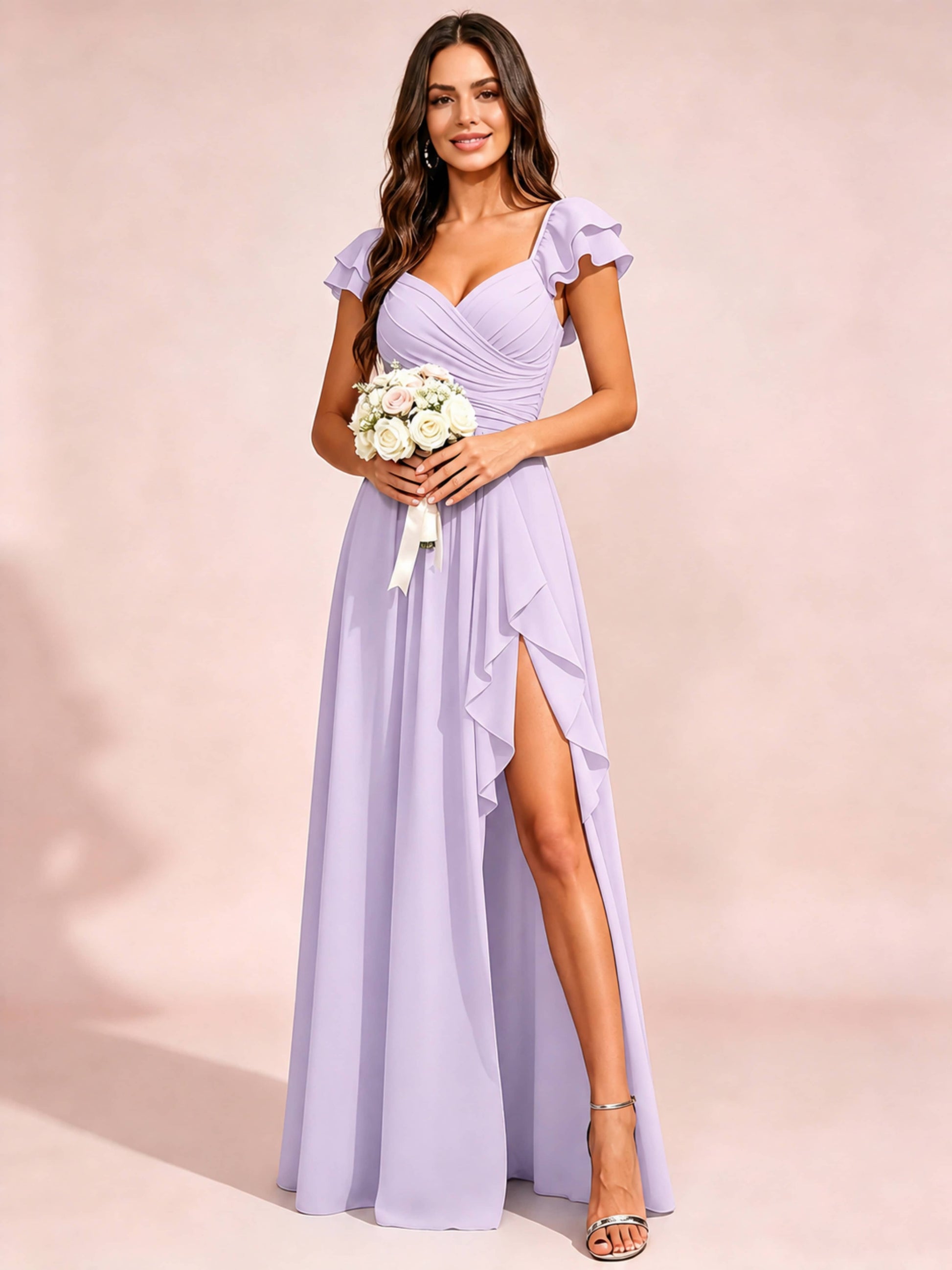 Chiffon Sweetheart Neck Ruched Bust Bridesmaid Dresses with Ruffle Slit