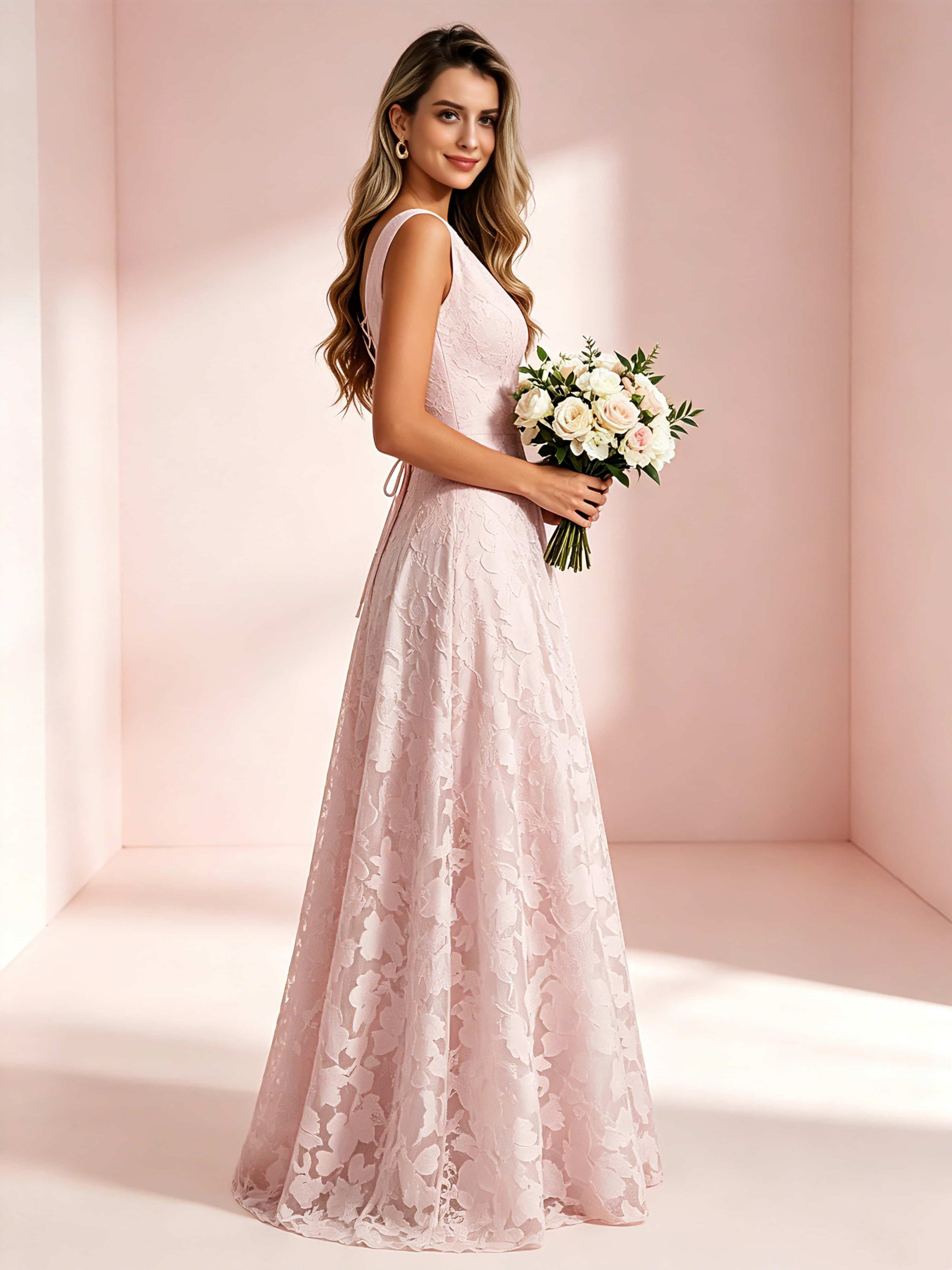 Boat Neck Jacquard Chiffon Floor Length Bridesmaid Dresses