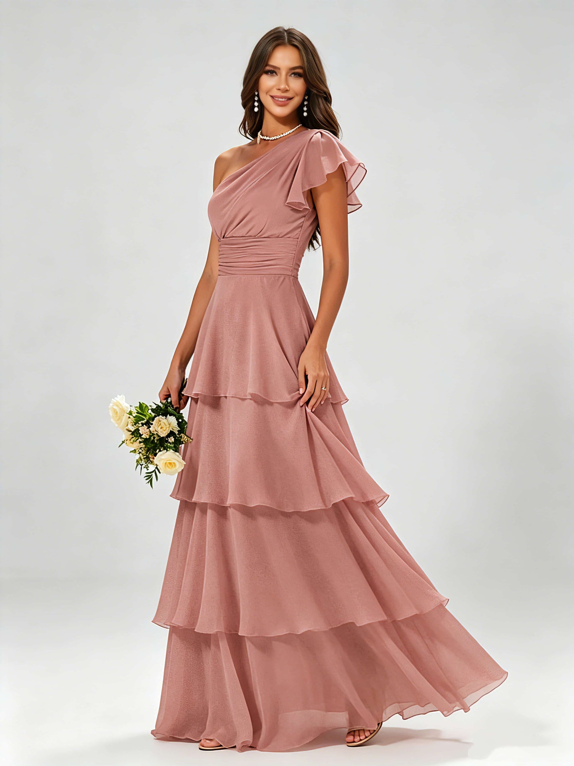 One Shoulder Ruffle Tiered Chiffon Bridesmaid Dress for Wedding