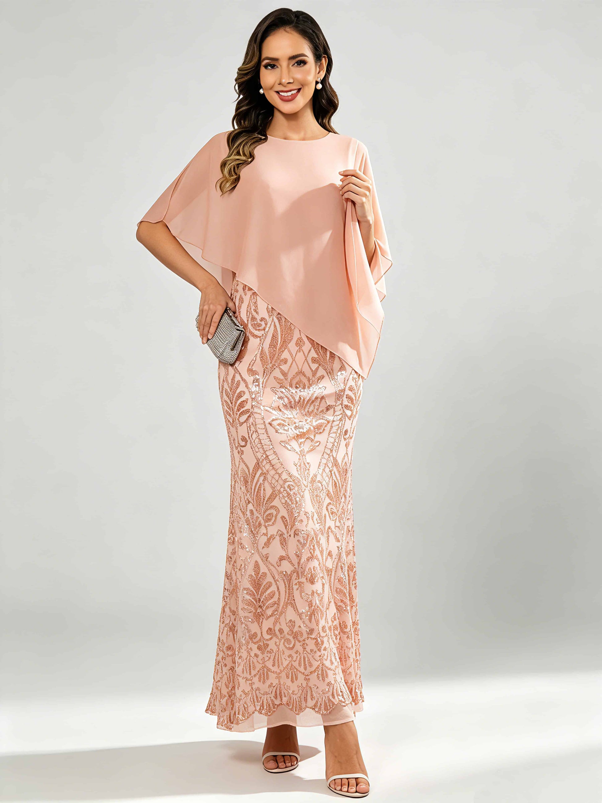 Mermaid Sequin Mother of The Bride Dress with Chiffon Cape