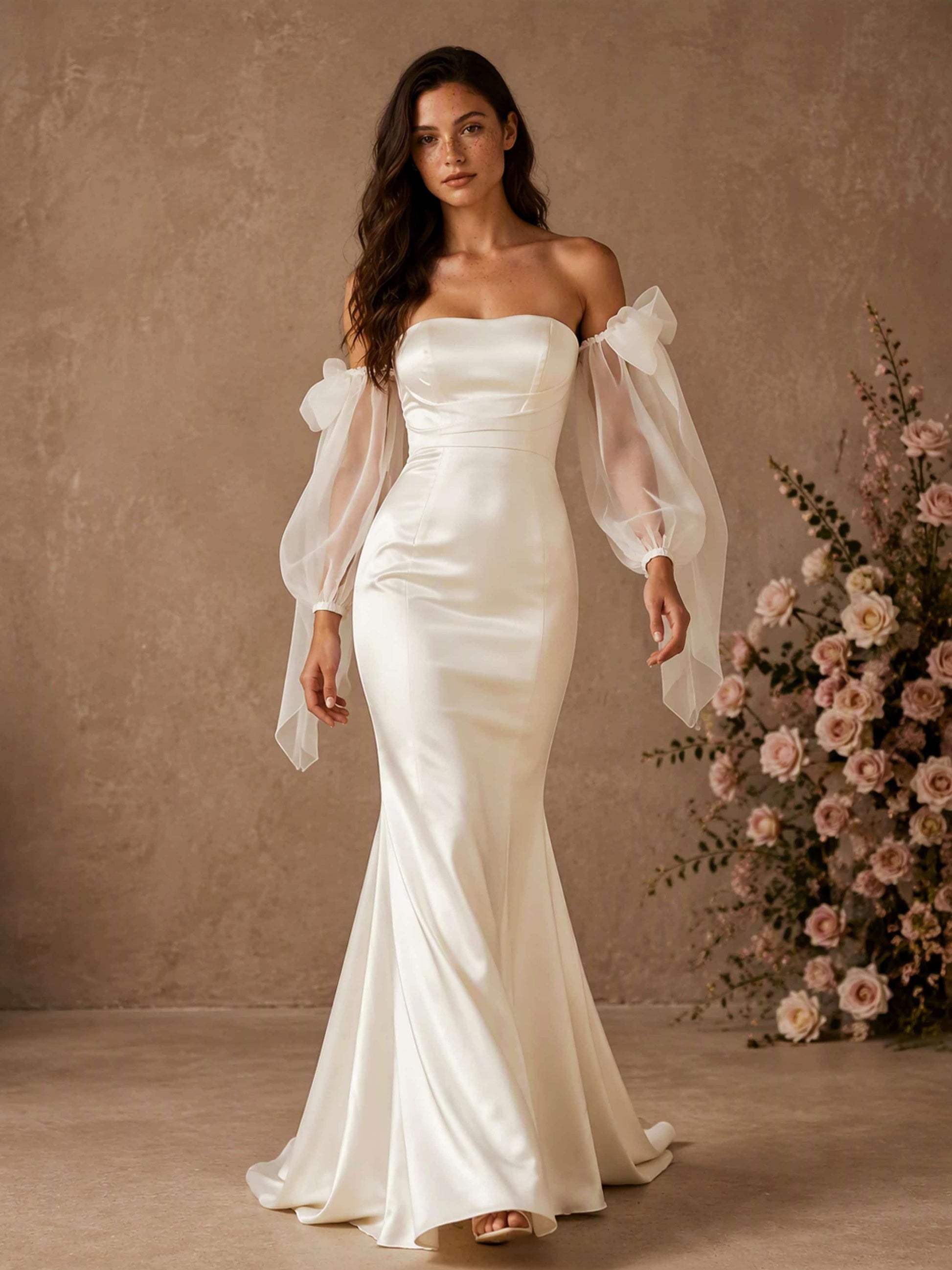 Mermaid Satin Off Shoulder Long Sleeve Wedding Dress for Women