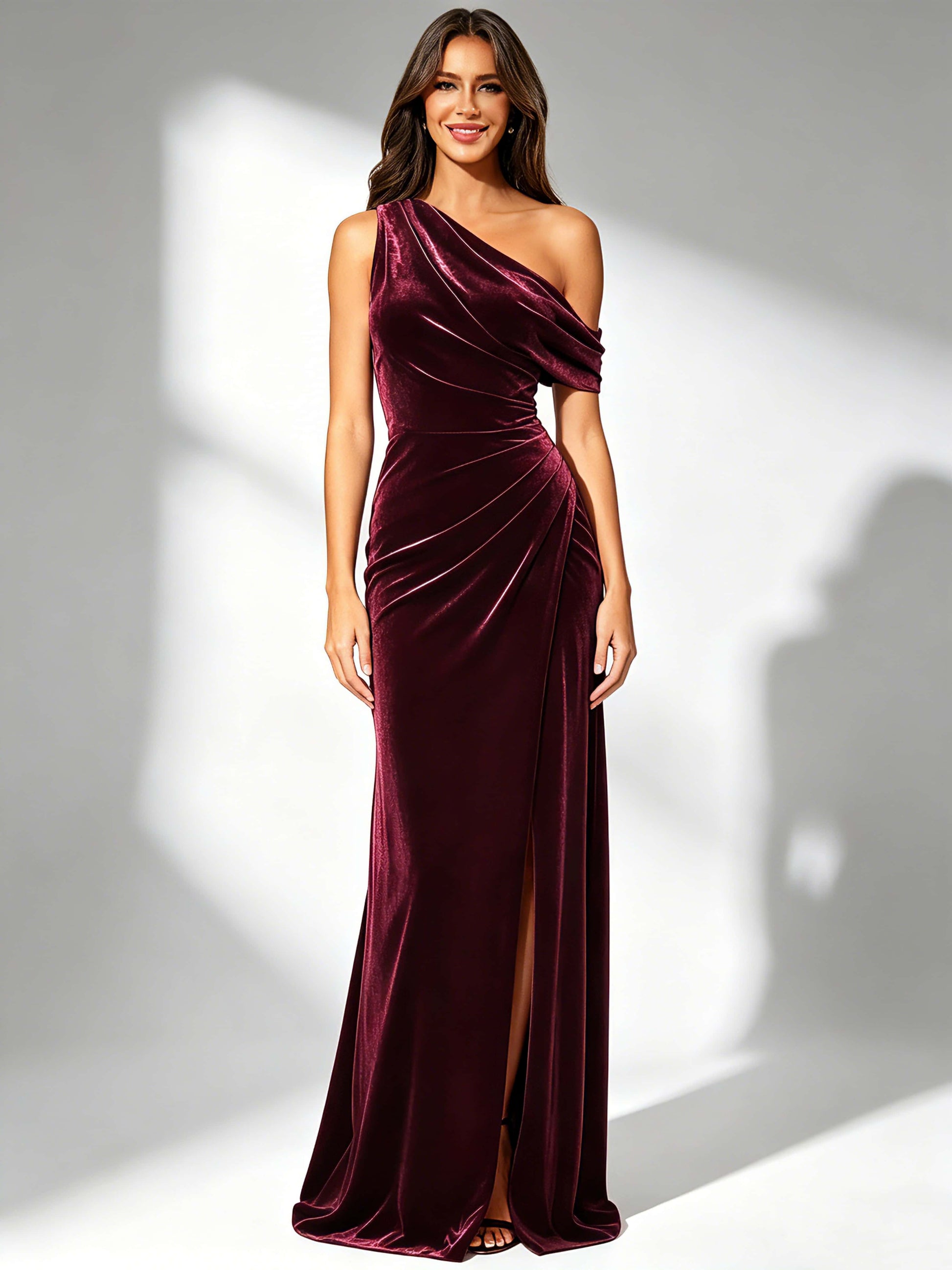 One Shoulder Velvet Bridesmaid Dresses for Women