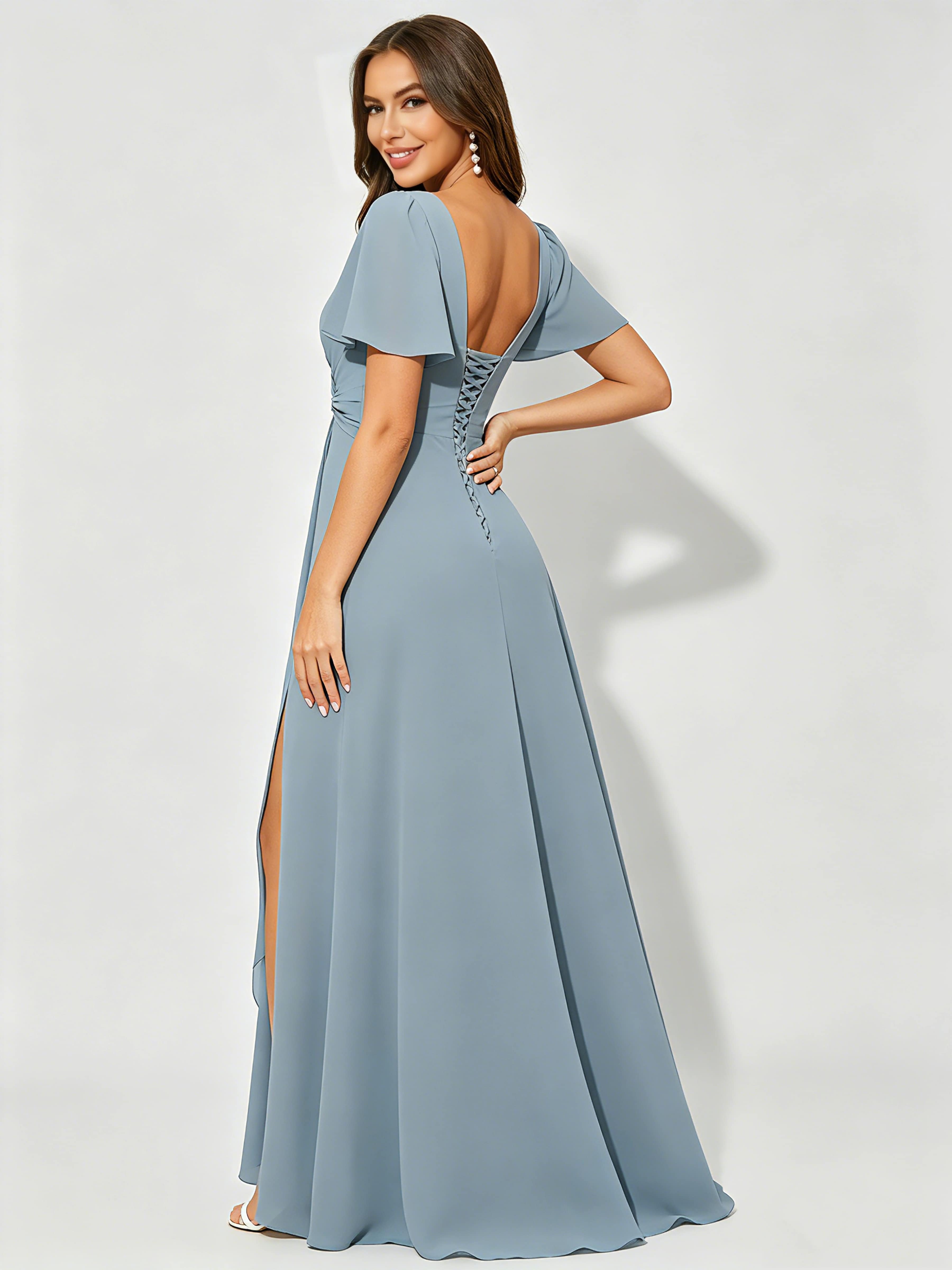 Square Neck Chiffon Ruffle Bridesmaid Dress with Slit