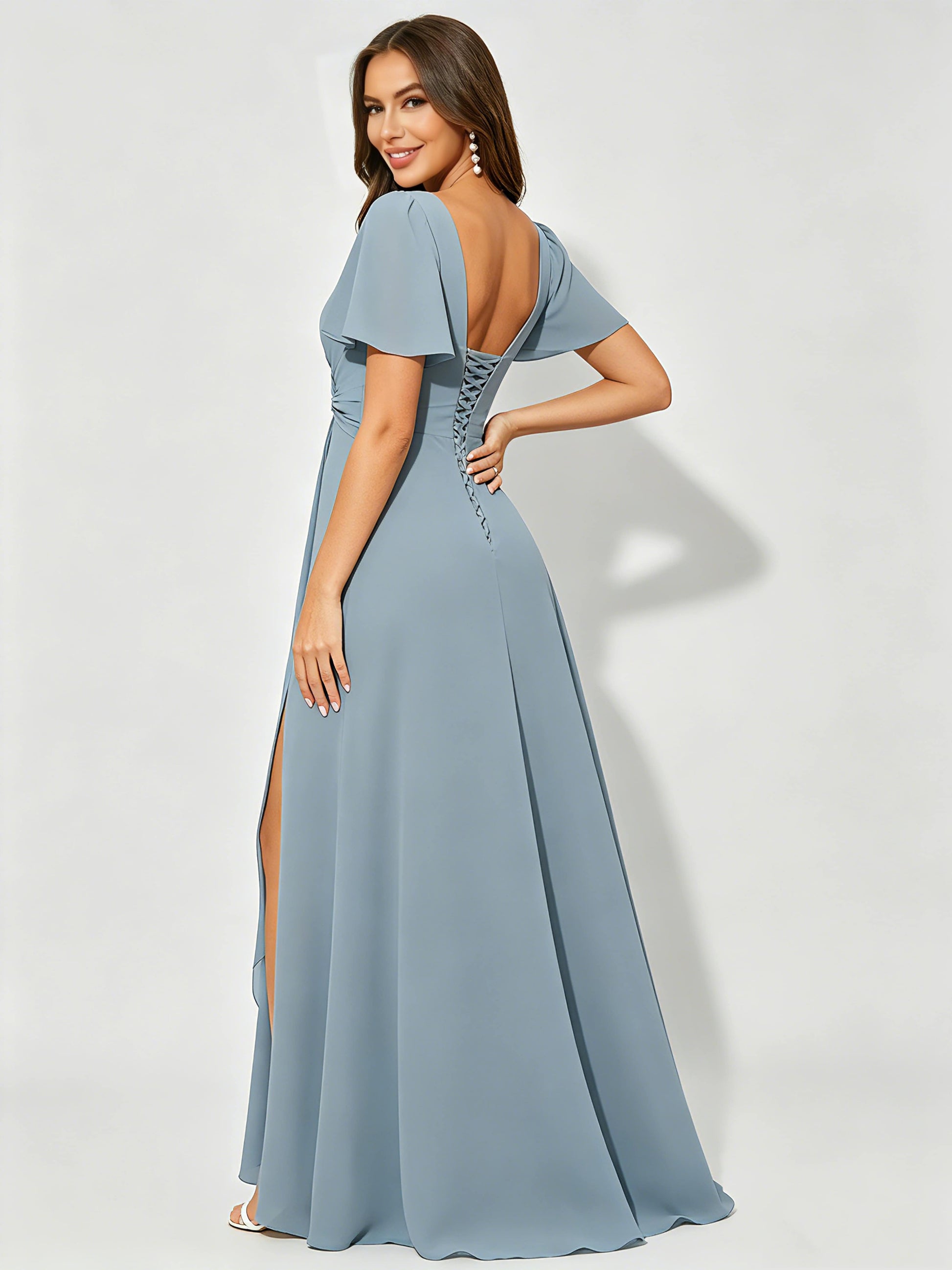 Square Neck Chiffon Ruffle Bridesmaid Dress with Slit