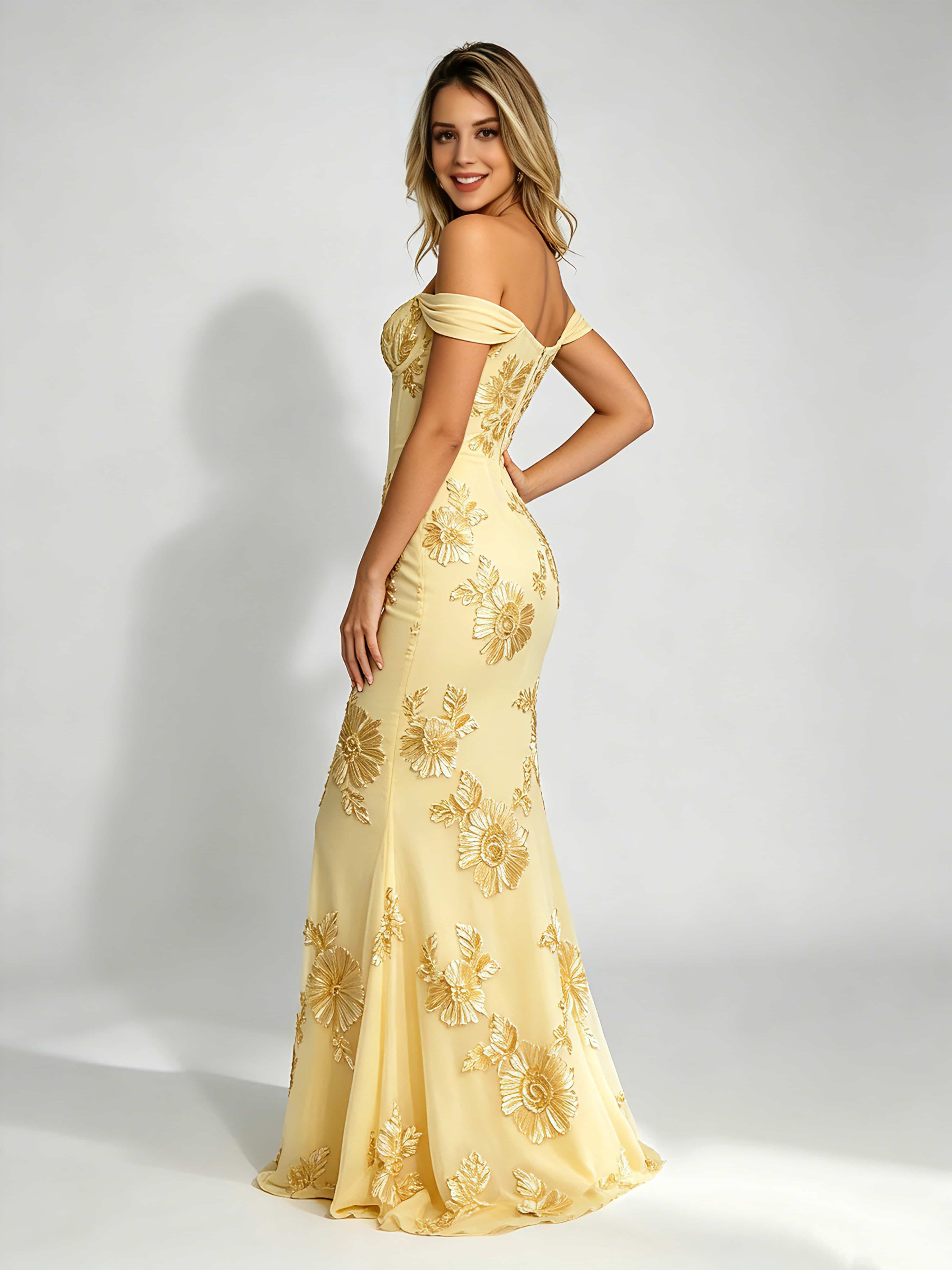 Embroidery Mesh Prom Dress for Teen Off Shoulder Formal Party Gown