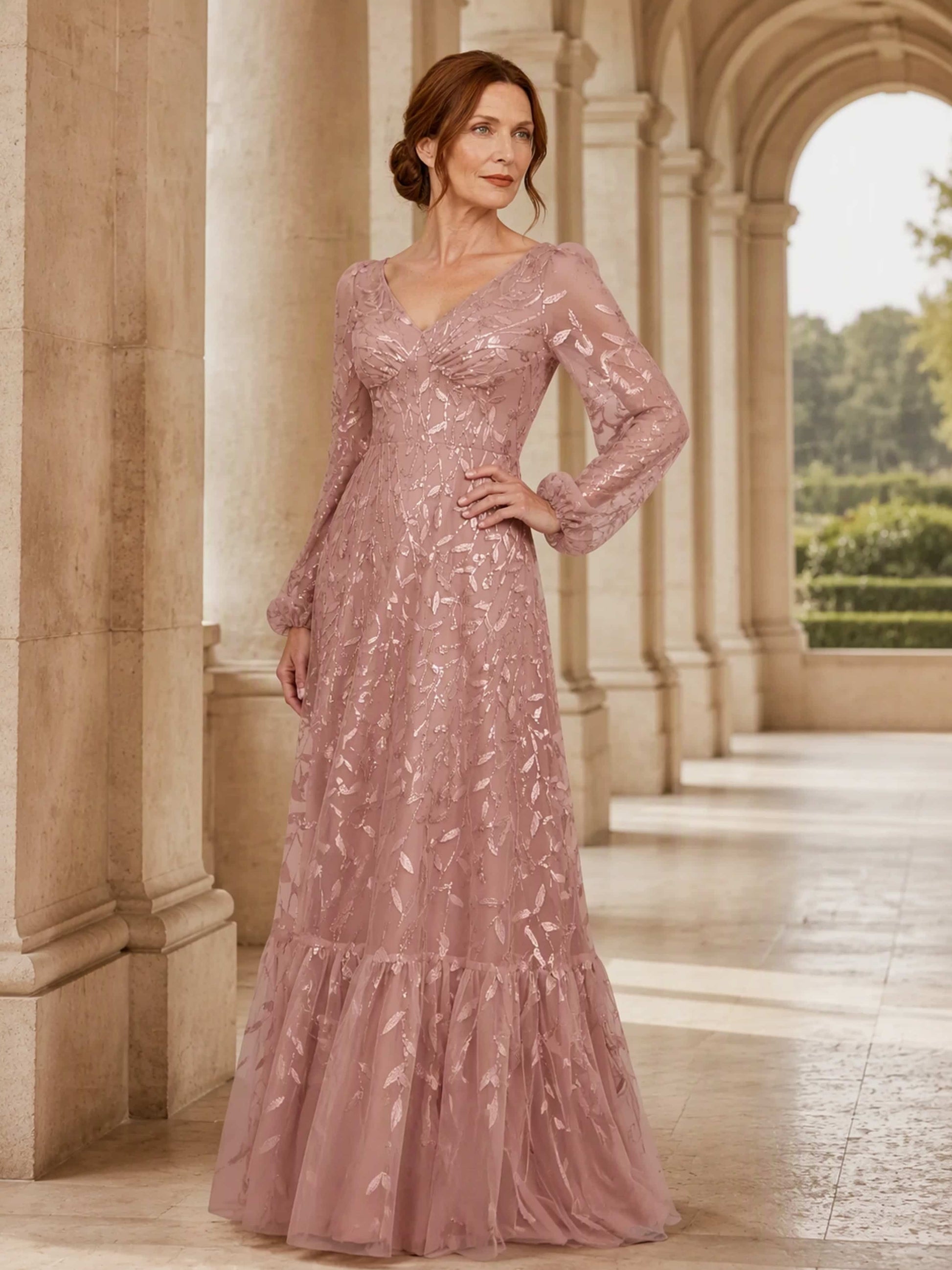 Leaf Sequin Embroidery Tulle Long Sleeve Elegant Mother Dress for Wedding