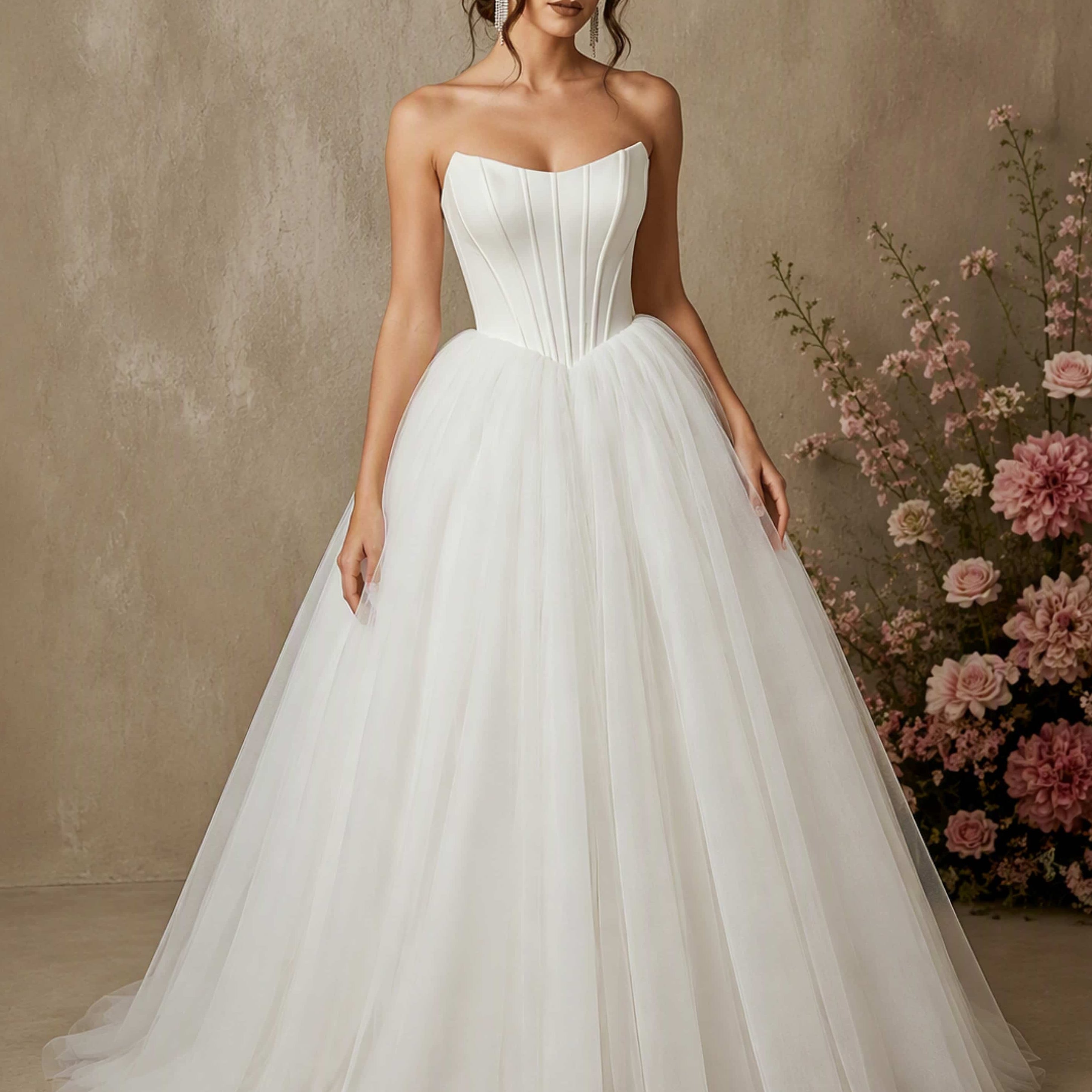 Strapless Corset Satin Tulle Puffy Long Wedding Dresses