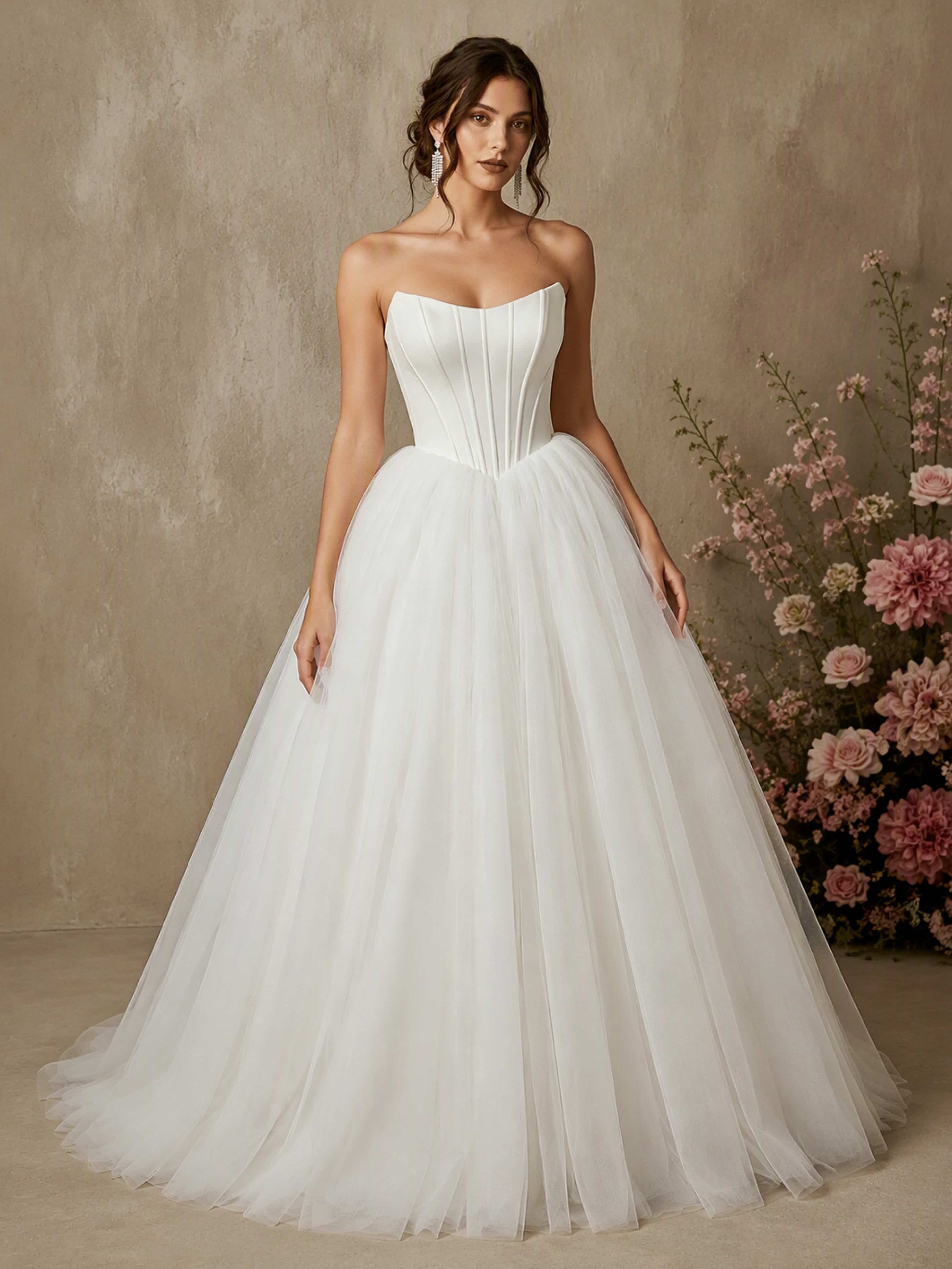 Strapless Corset Satin Tulle Puffy Long Wedding Dresses