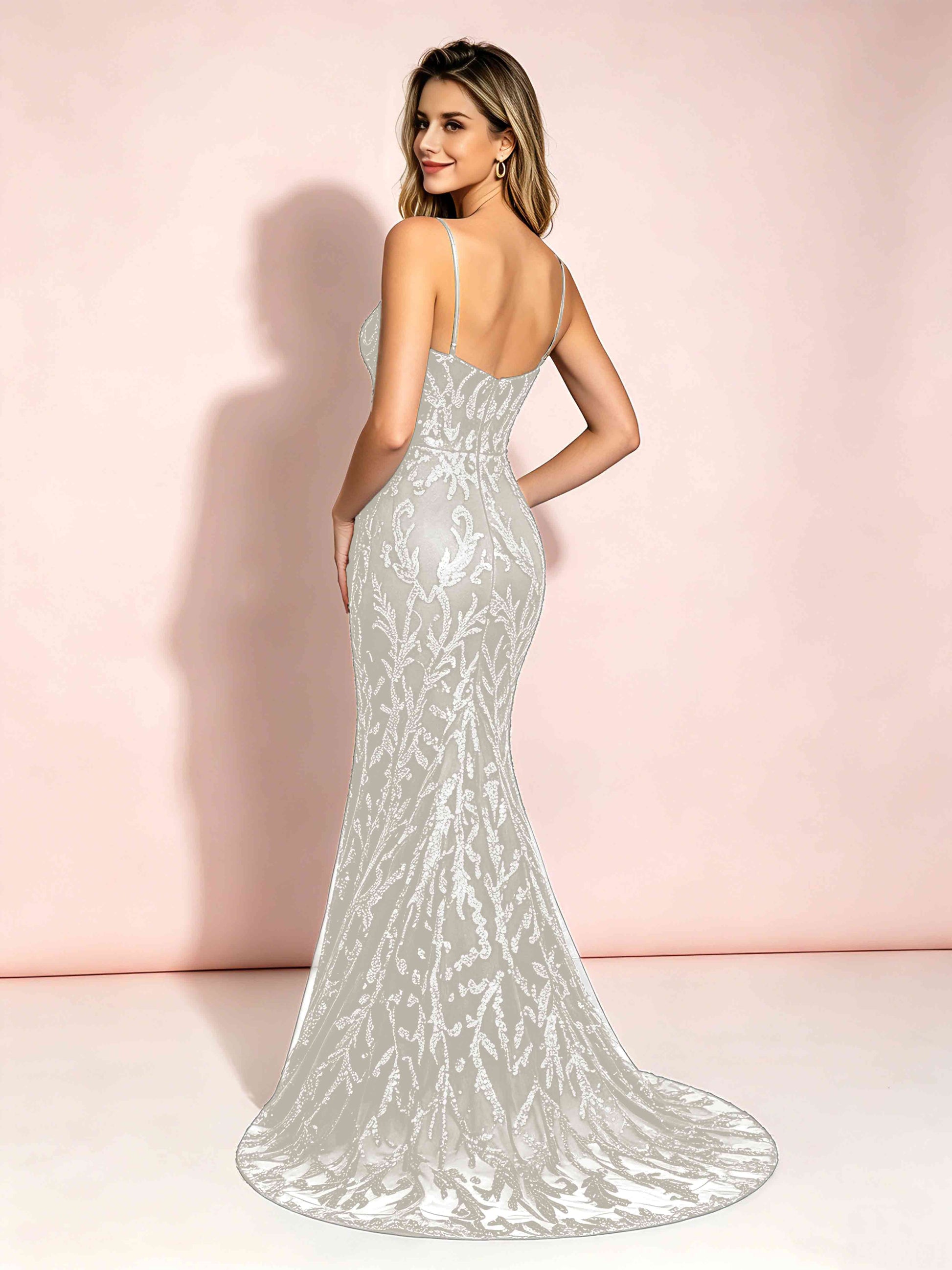 Mermaid V-Neck Sweep Train Sequin Sparkly Prom Dresses with Slit