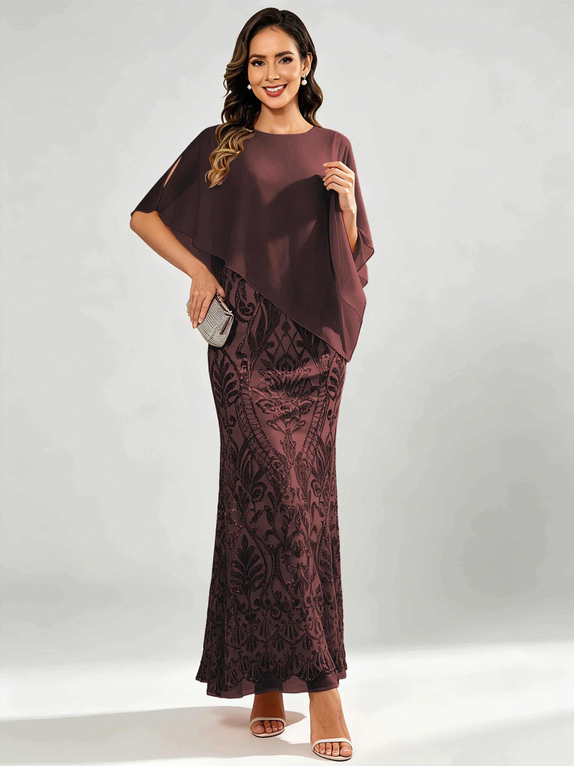 Mermaid Sequin Mother of The Bride Dress with Chiffon Cape