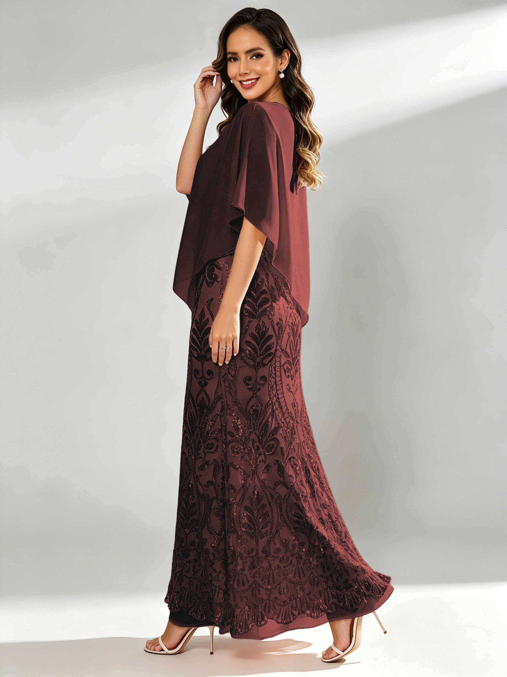 Mermaid Sequin Mother of The Bride Dress with Chiffon Cape