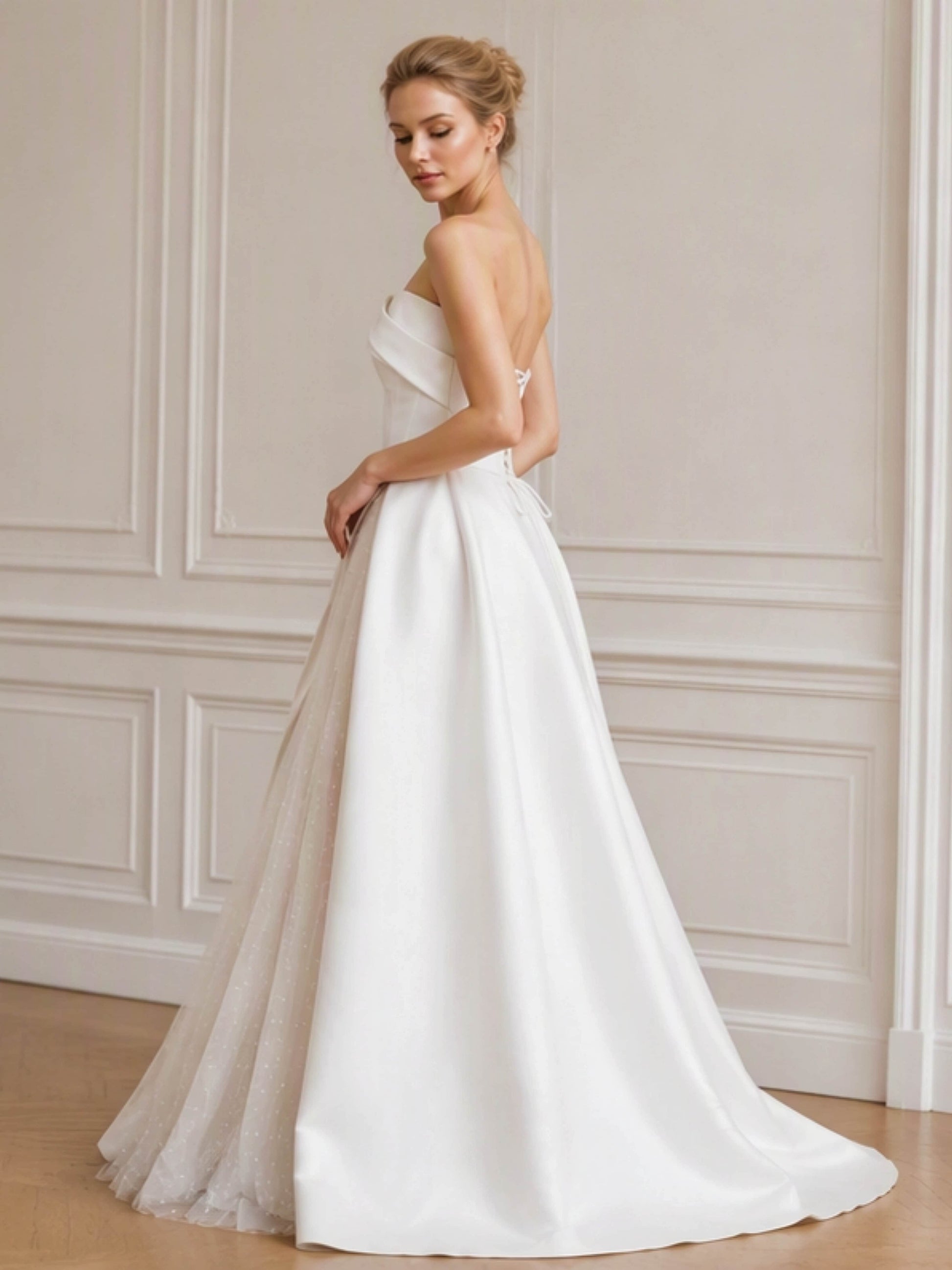 Strapless Satin Wedding Dress Elegant Tulle Pearl Gown