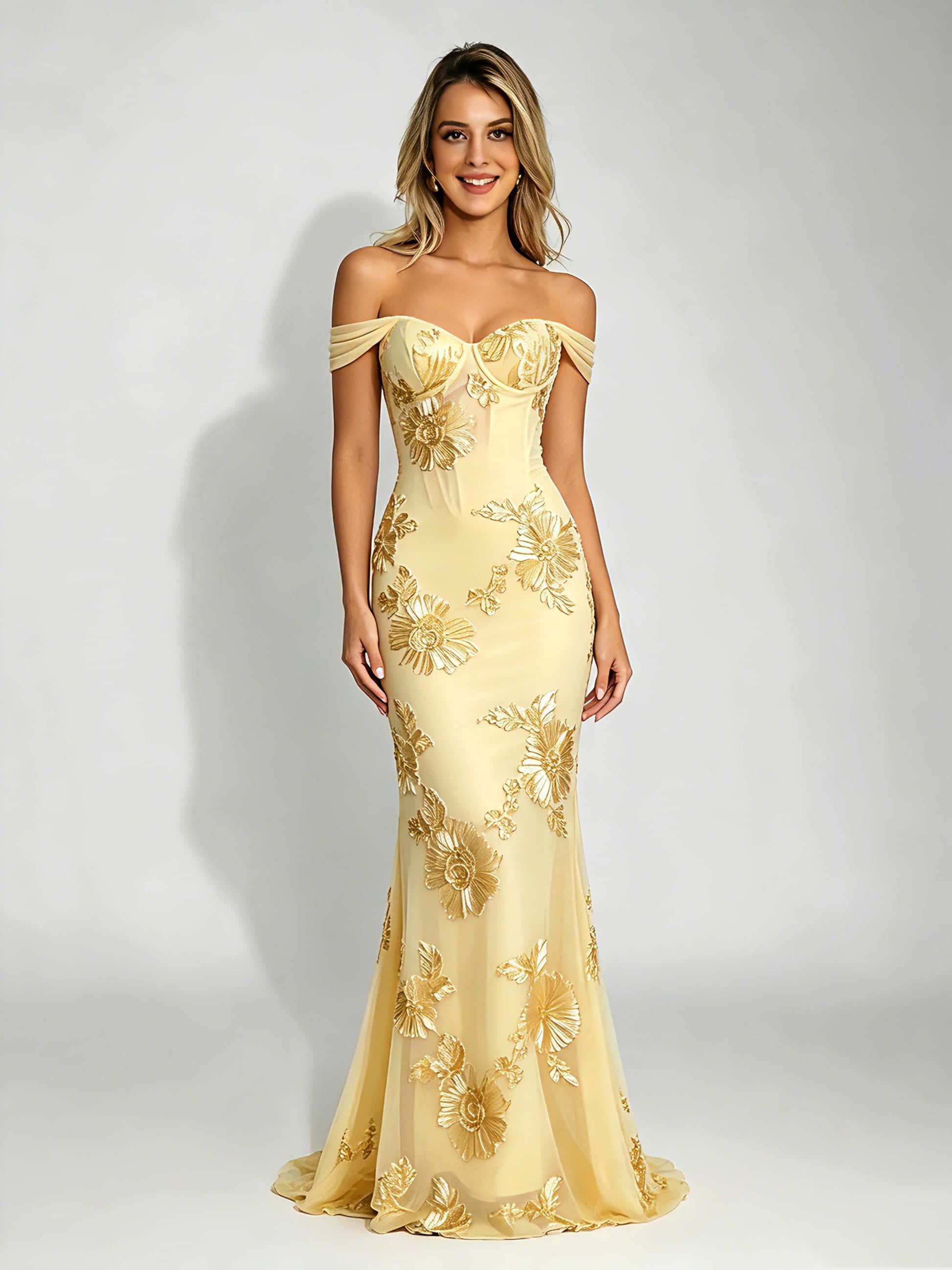 Embroidery Mesh Prom Dress for Teen Off Shoulder Formal Party Gown