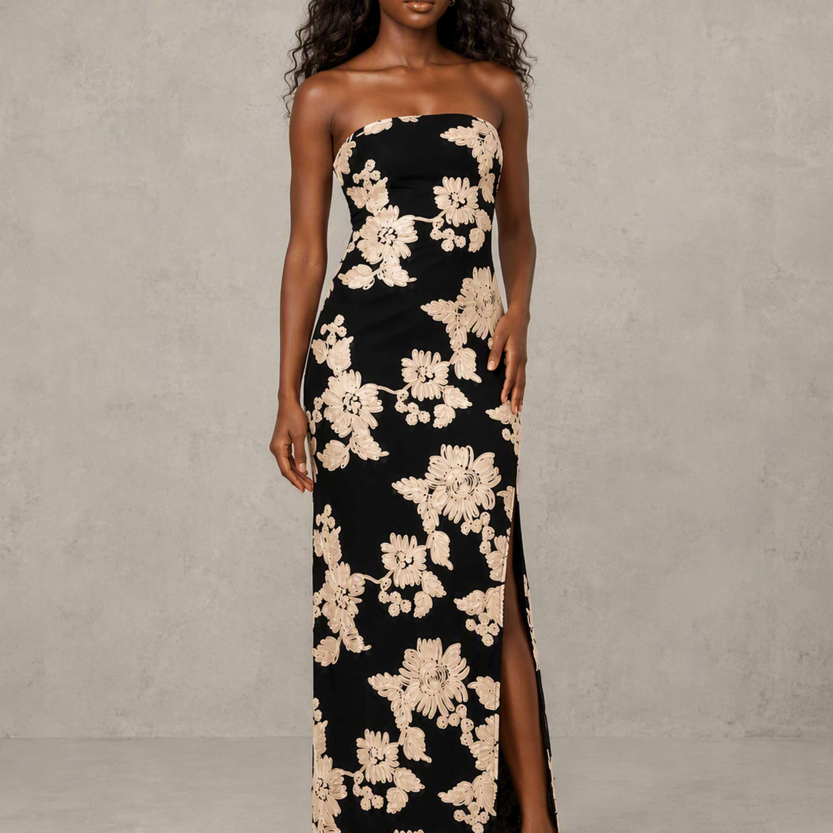 Embroidery Mesh Tube Strapless Long Formal Dress