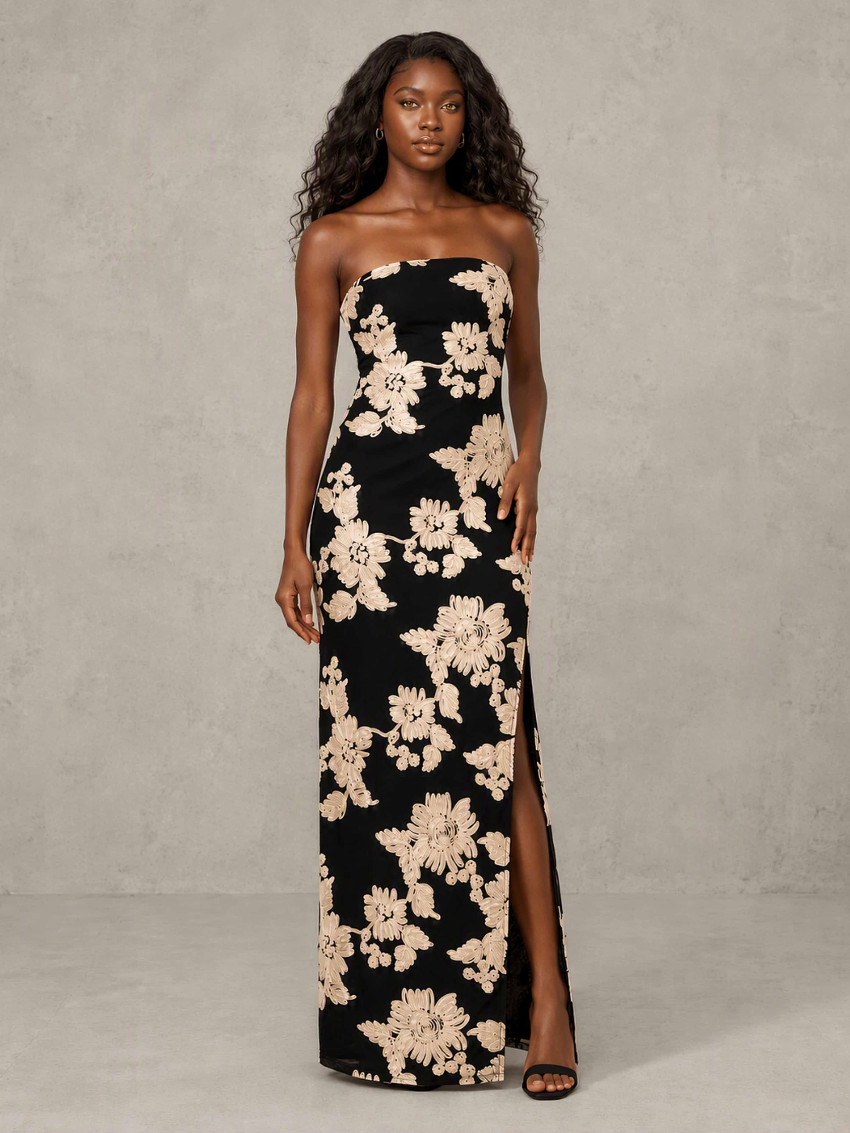 Embroidery Mesh Tube Strapless Long Formal Dress