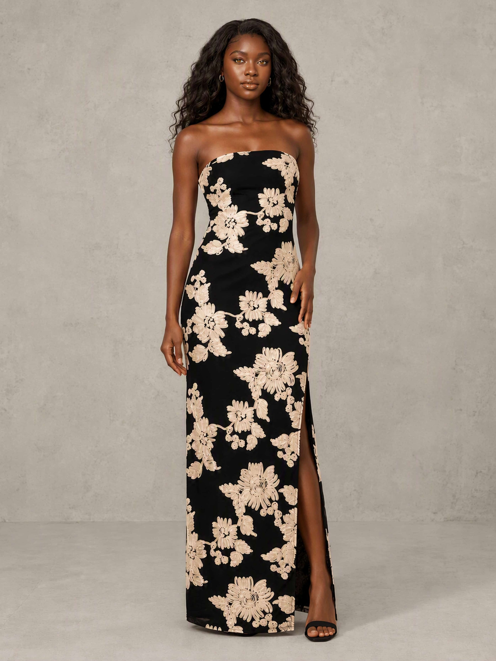 Embroidery Mesh Tube Strapless Long Formal Dress