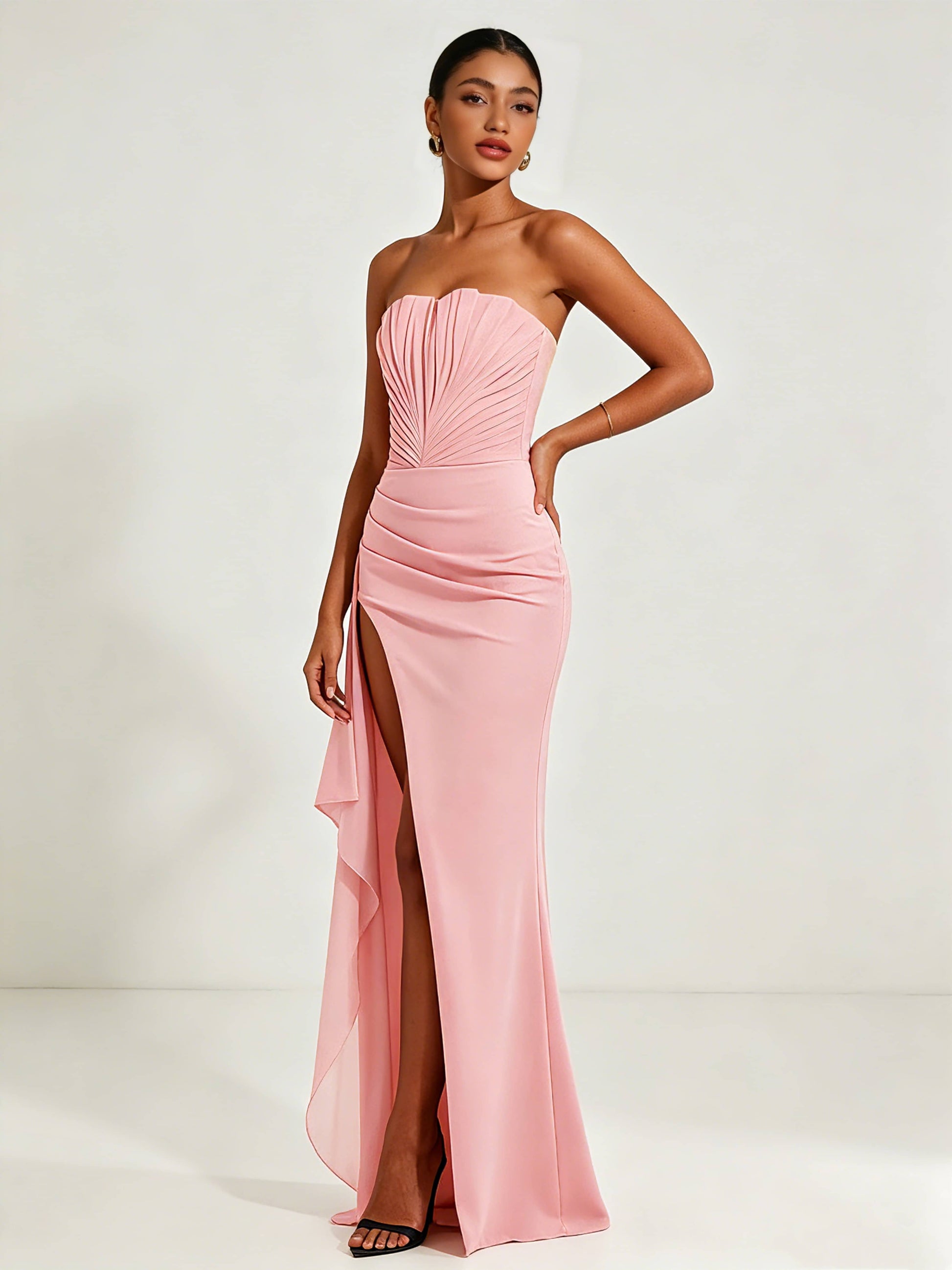 Strapless Ruched Bust Prom Dresses with Ruffle Slit