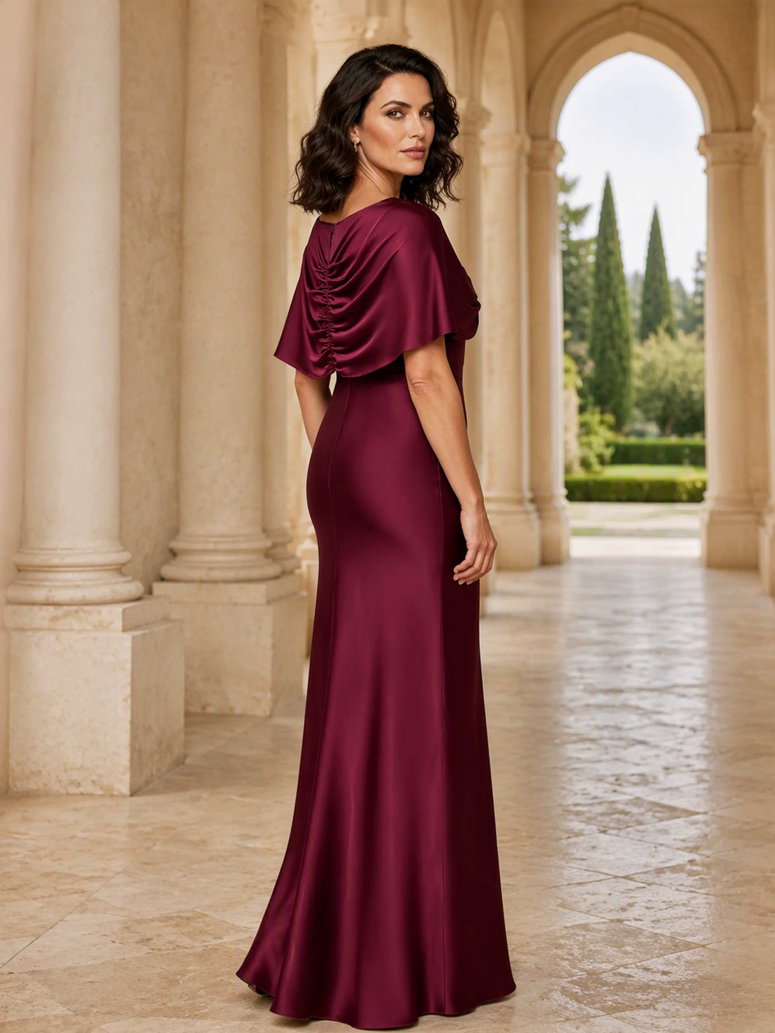 Satin Half Sleeve Cape Mermaid Elegant Formal Evening Dress
