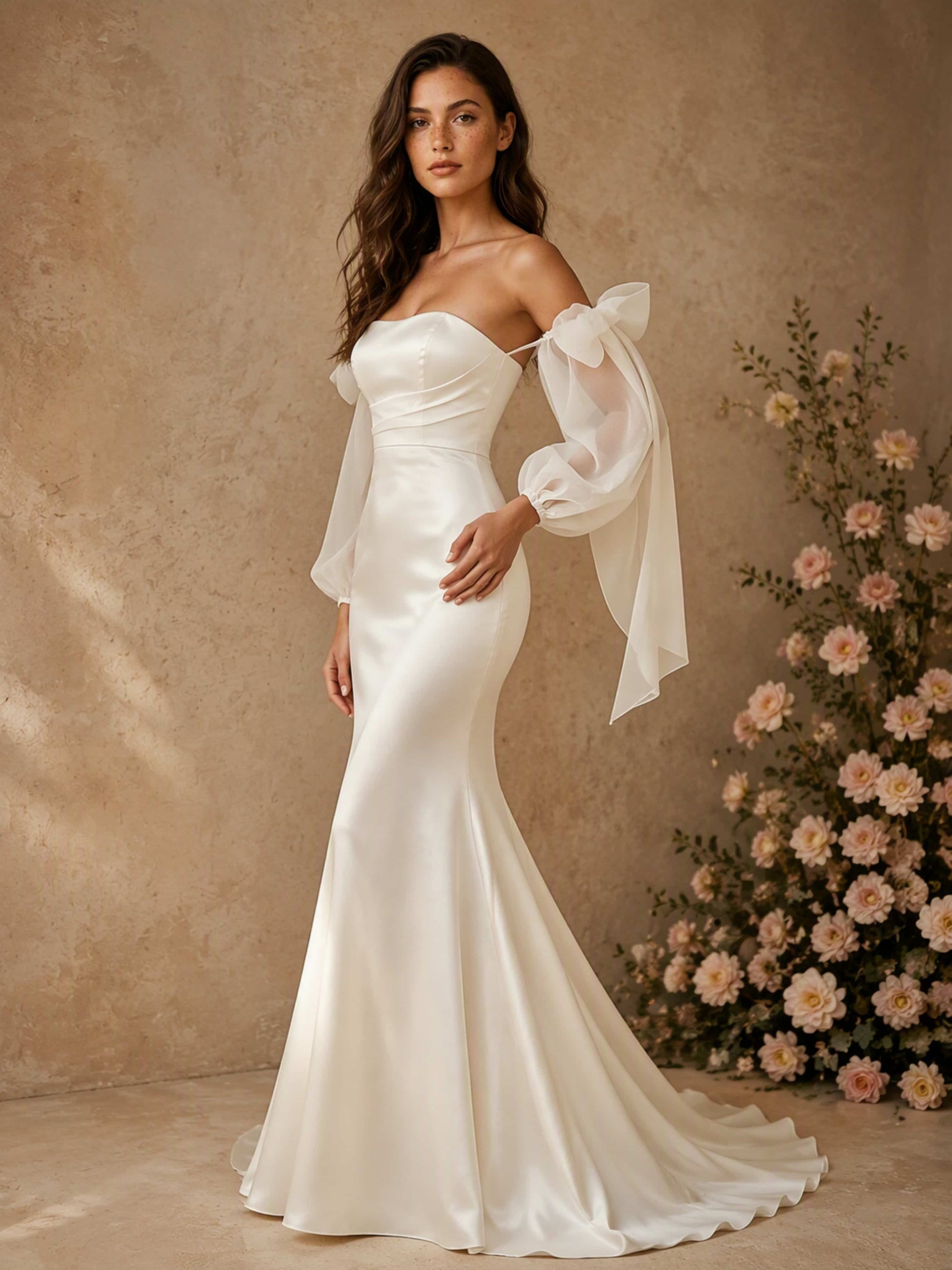 Mermaid Satin Off Shoulder Long Sleeve Wedding Dress for Women