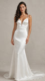 Satin Mermaid Pearl Spaghetti Straps V Neck Wedding Dresses