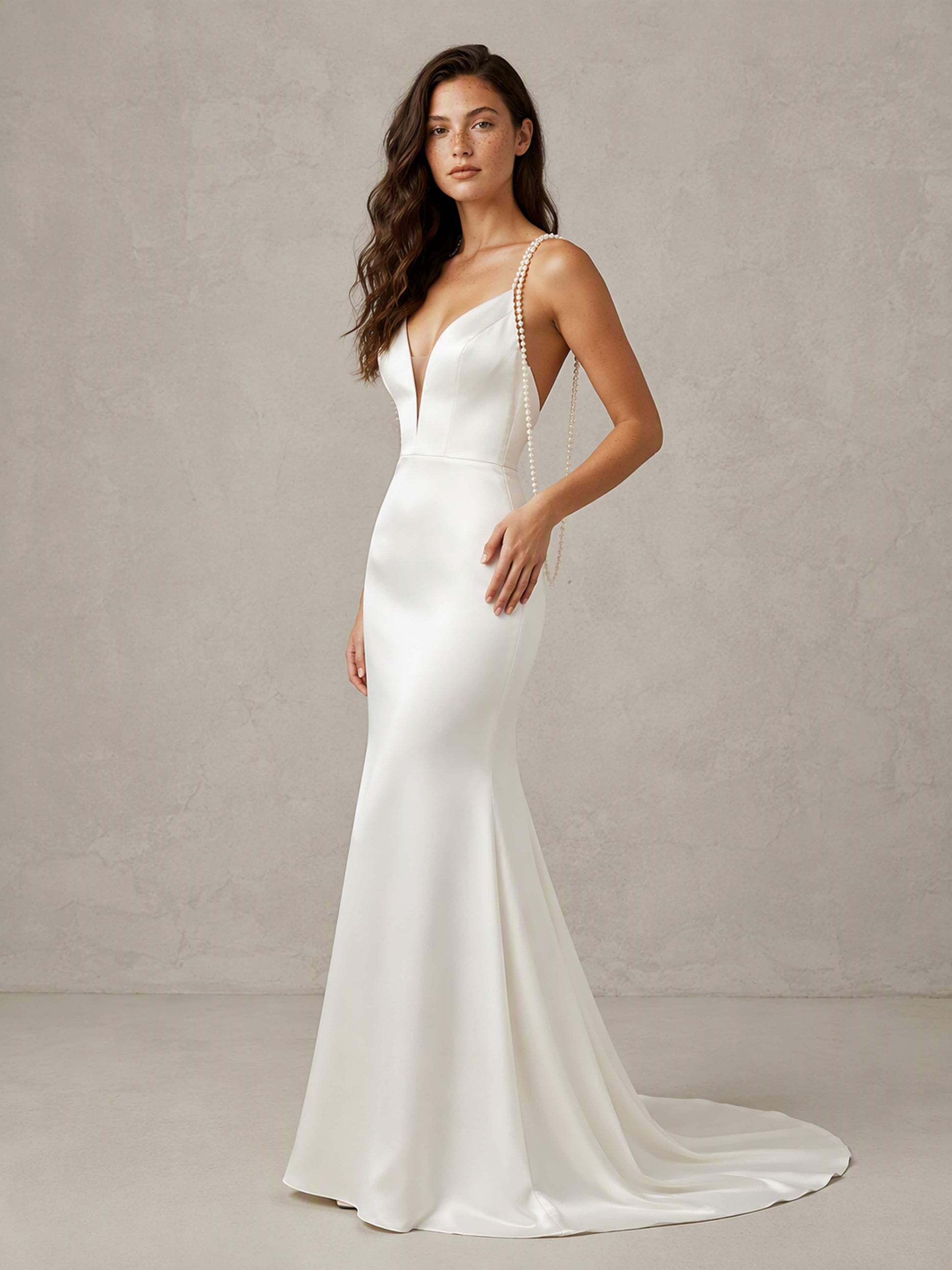 Satin Mermaid Pearl Spaghetti Straps V Neck Wedding Dresses