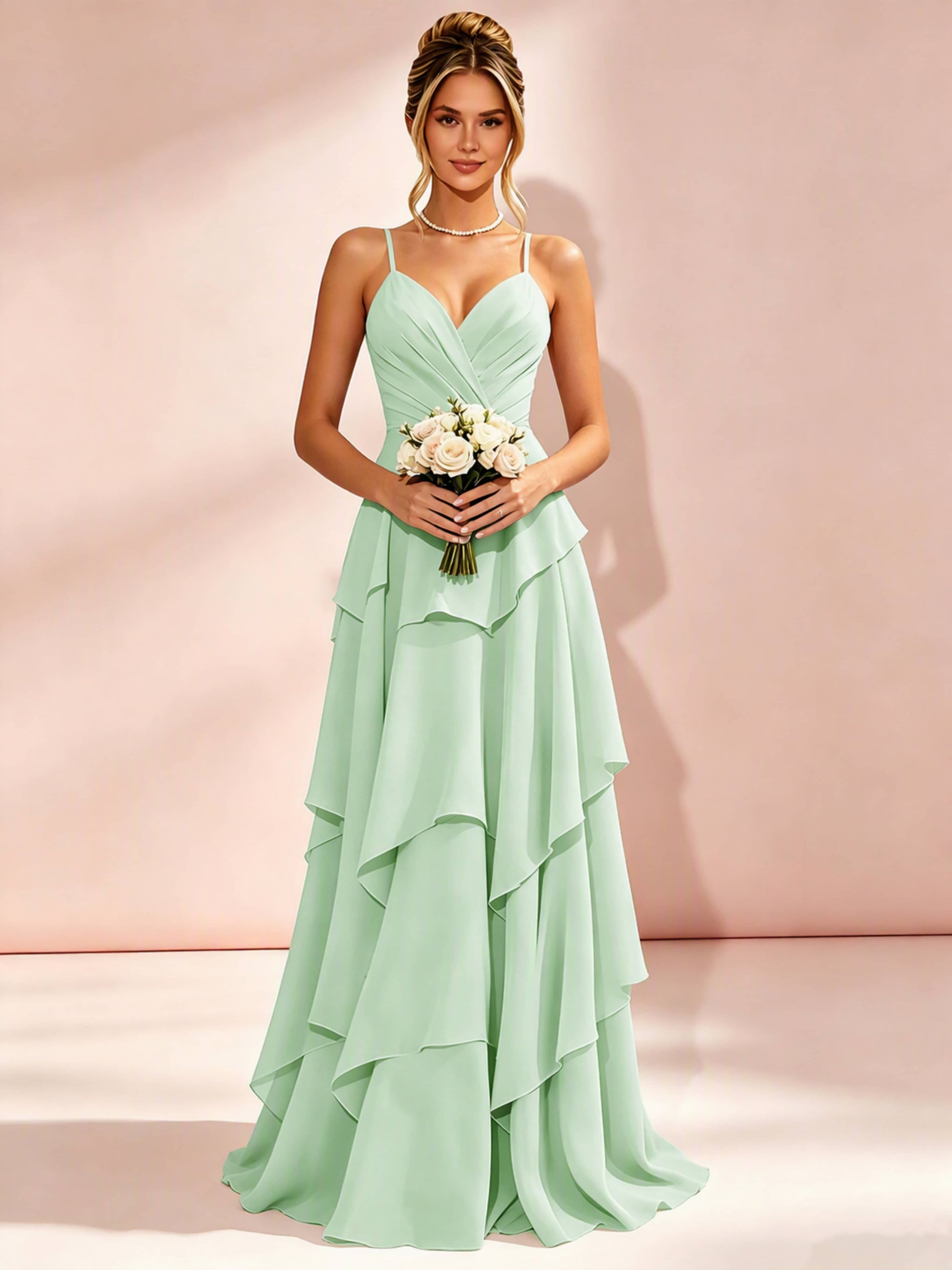 Spaghetti Straps Ruffle Tiered Chiffon Bridesmaid Dress for Wedding