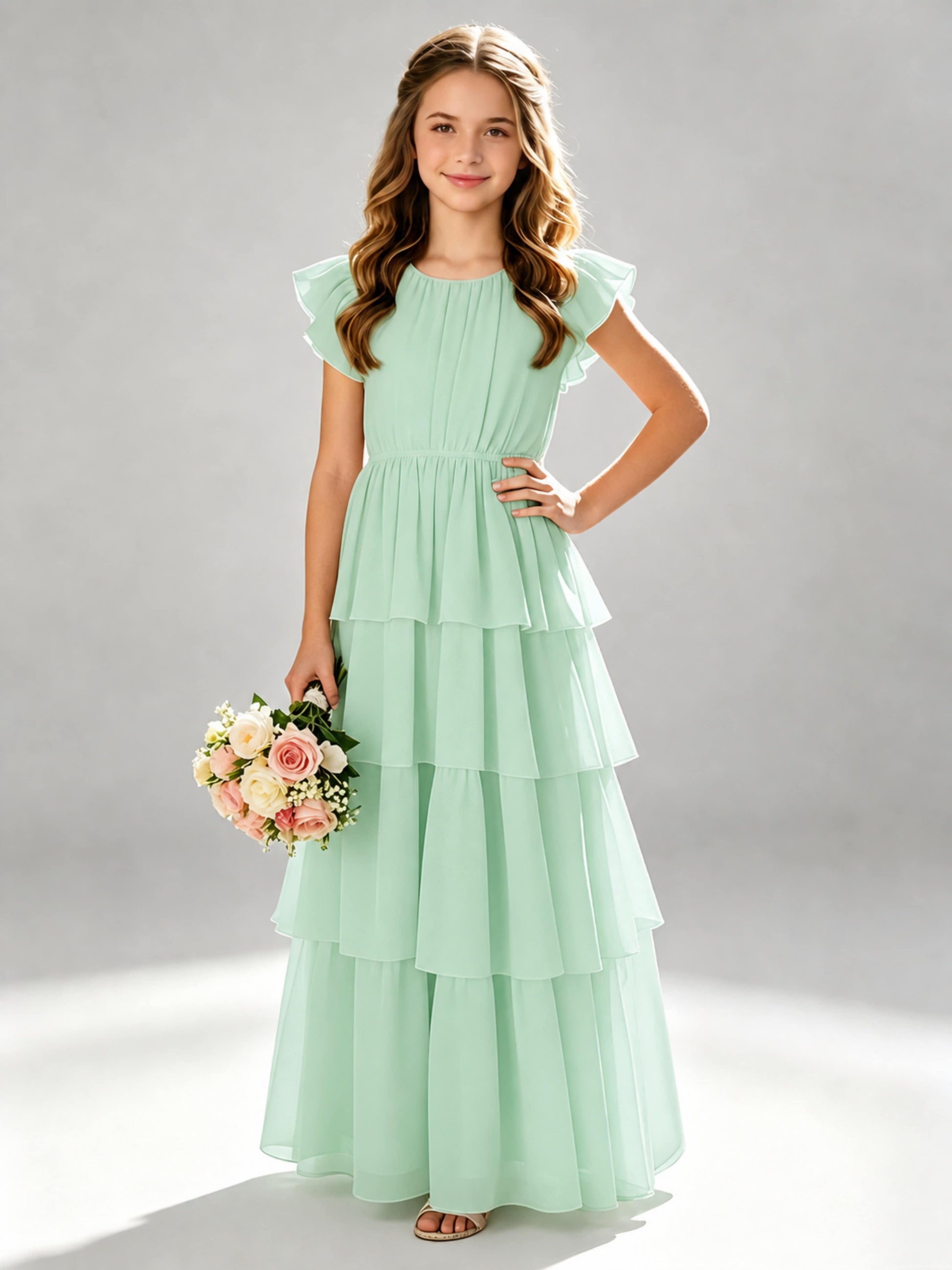 Chiffon Tiered Pleated Long Junior Bridesmaid Dresses