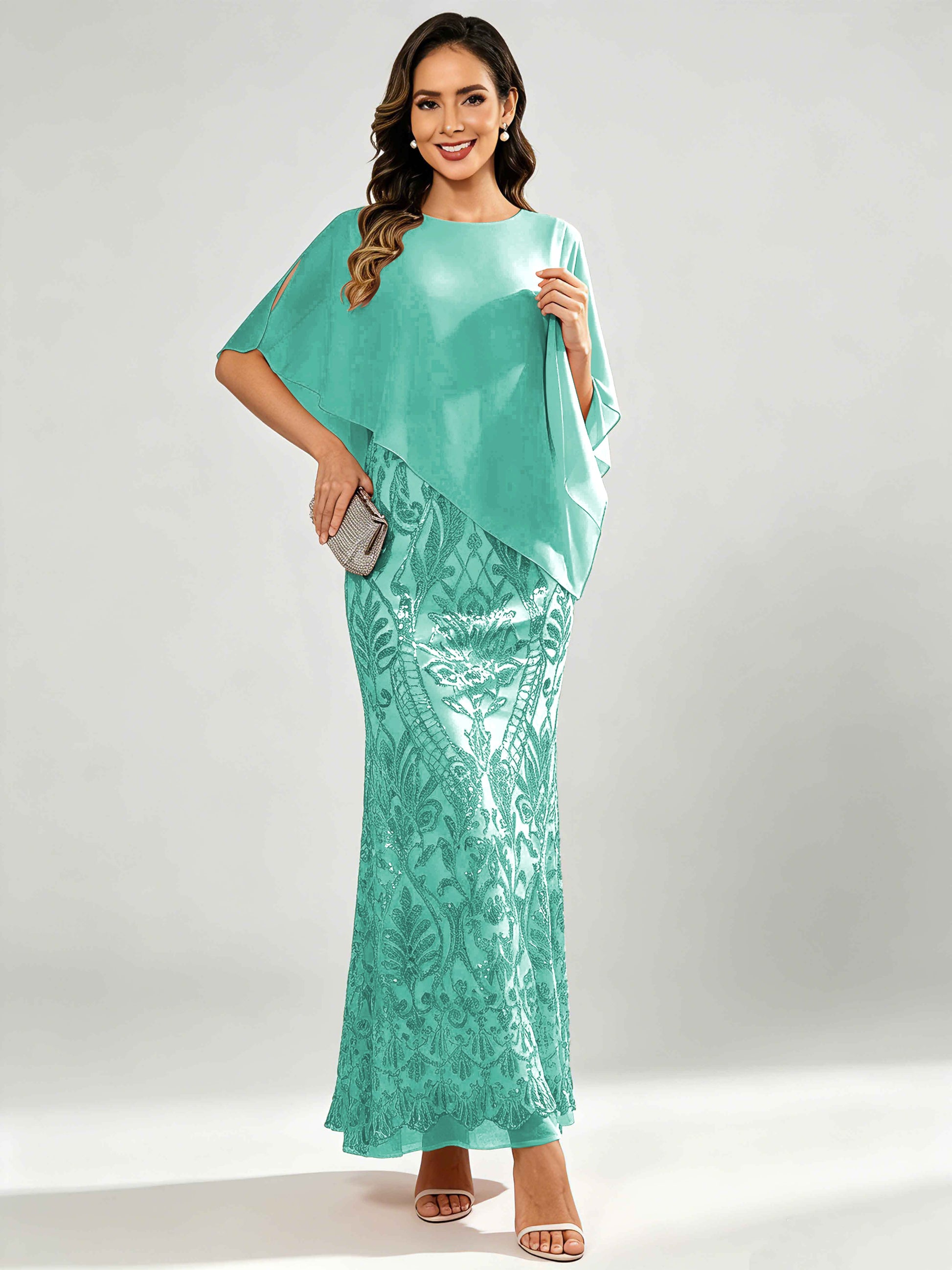 Mermaid Sequin Mother of The Bride Dress with Chiffon Cape