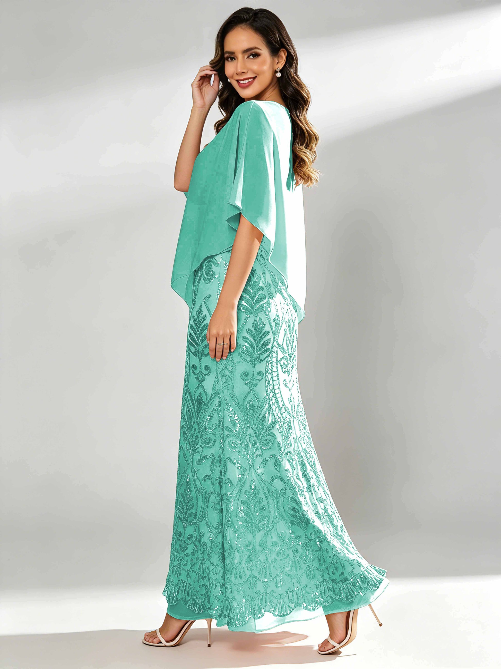 Mermaid Sequin Mother of The Bride Dress with Chiffon Cape