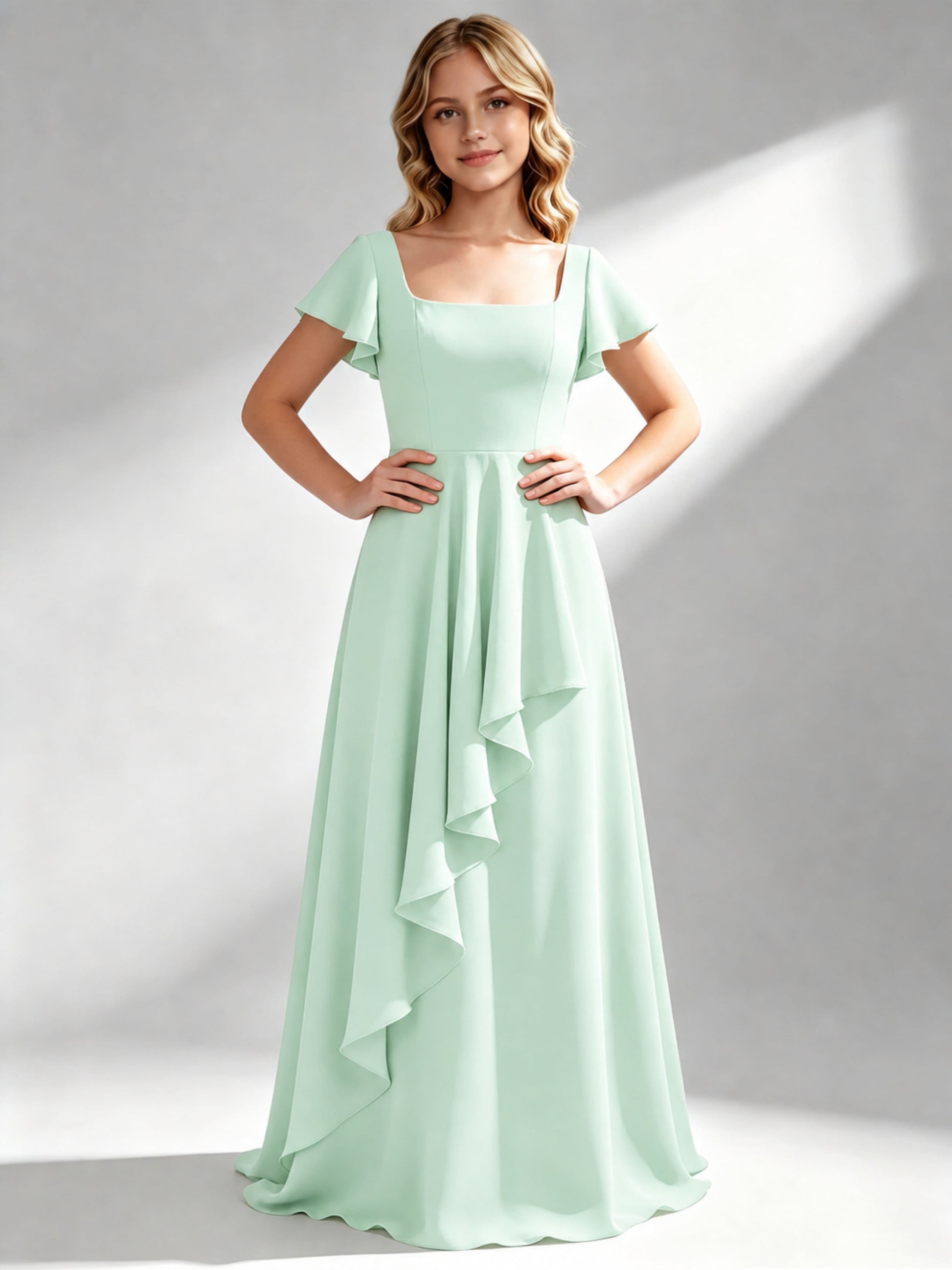 A-Line Square Neck Ruffle Junior Bridesmaid Dresses