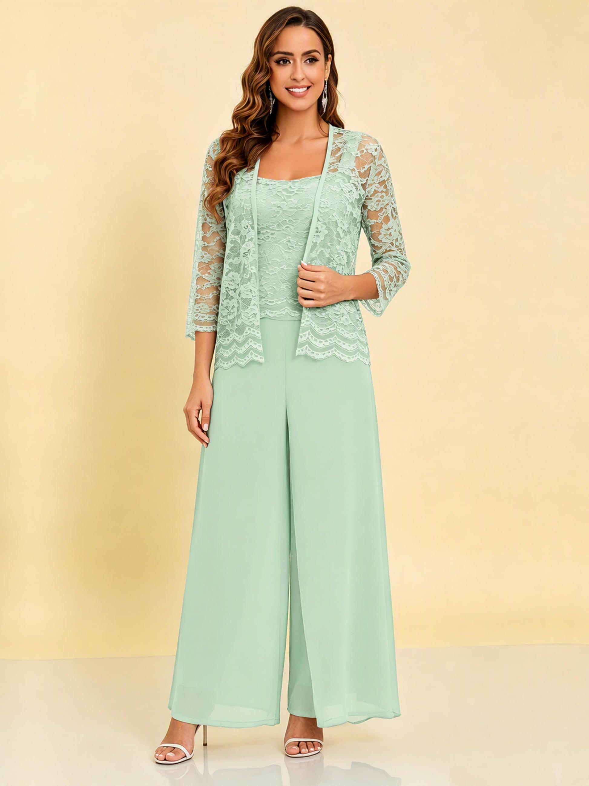 Chiffon Lace Flowy 3 Pieces Mother of The Bride Pant Suits Women Wedding