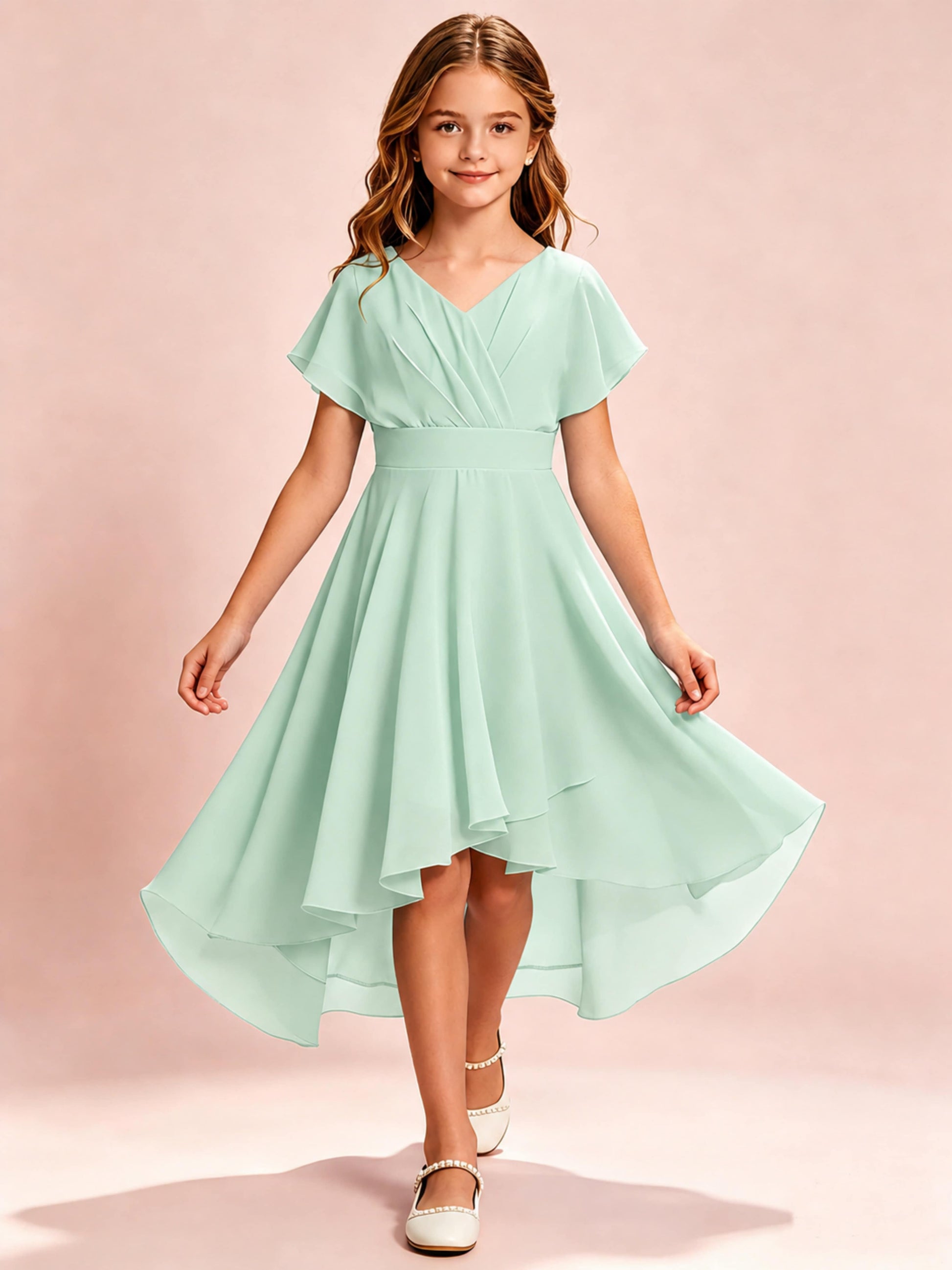 Chiffon High Low Cap Sleeve Junior Bridesmaid Dress for Wedding
