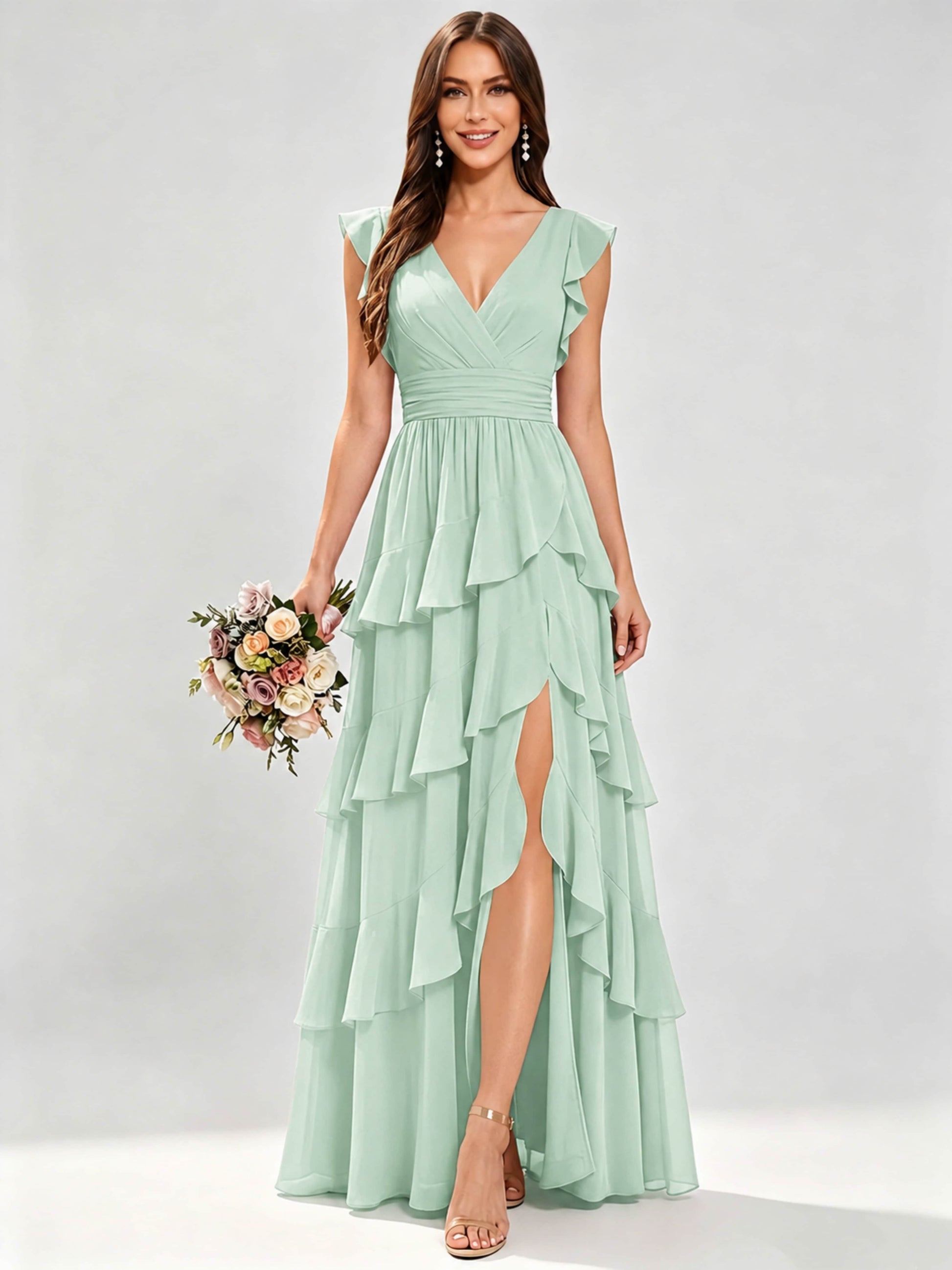 Ruffle Sleeve Tiered Chiffon Bridesmaid Dresses for Wedding with Slit