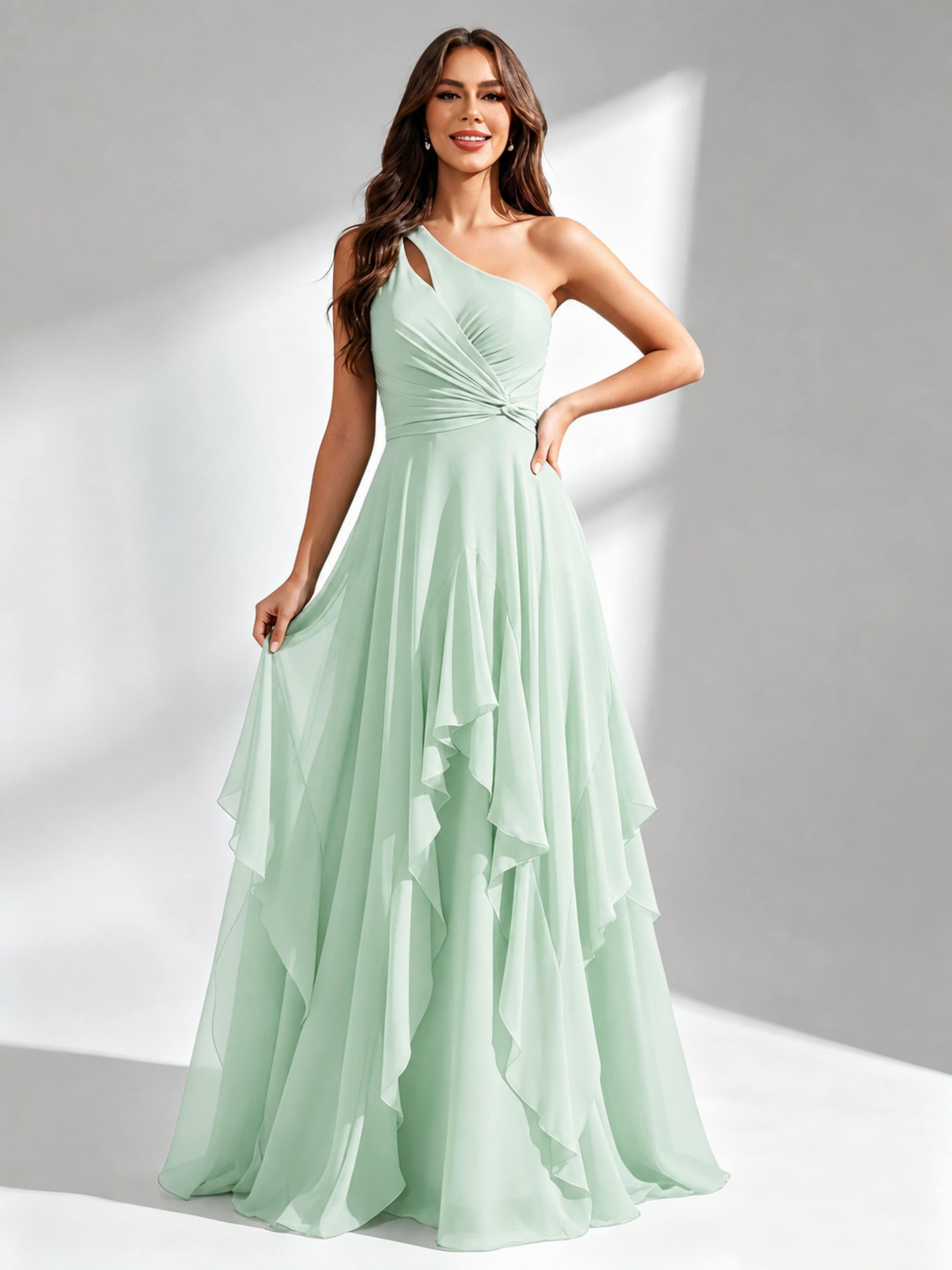 One Shoulder Ruffle Bridesmaid Dresses Formal Evening Gown
