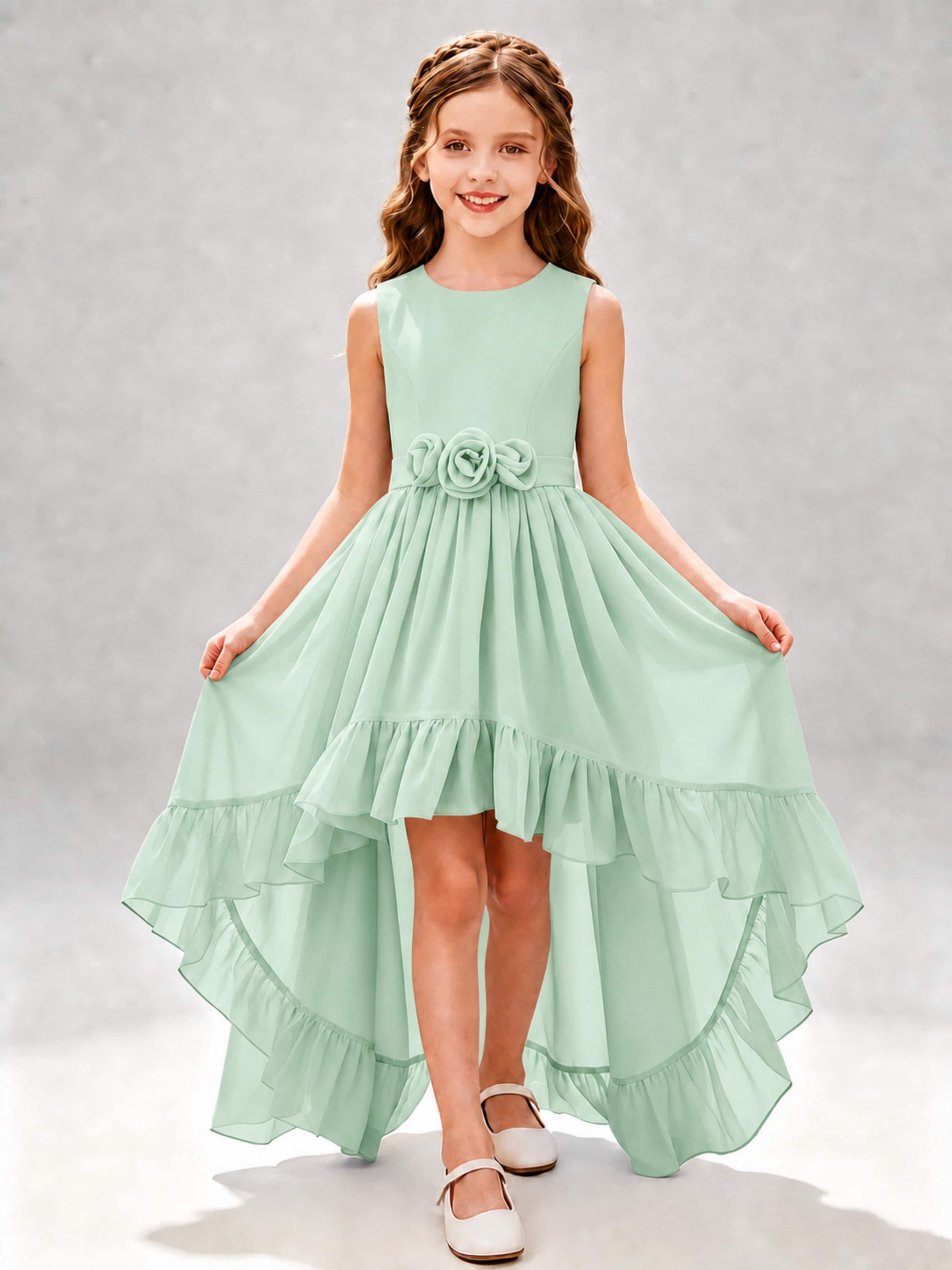 Chiffon 3D Flower High Low Junior Bridesmaid Dresses