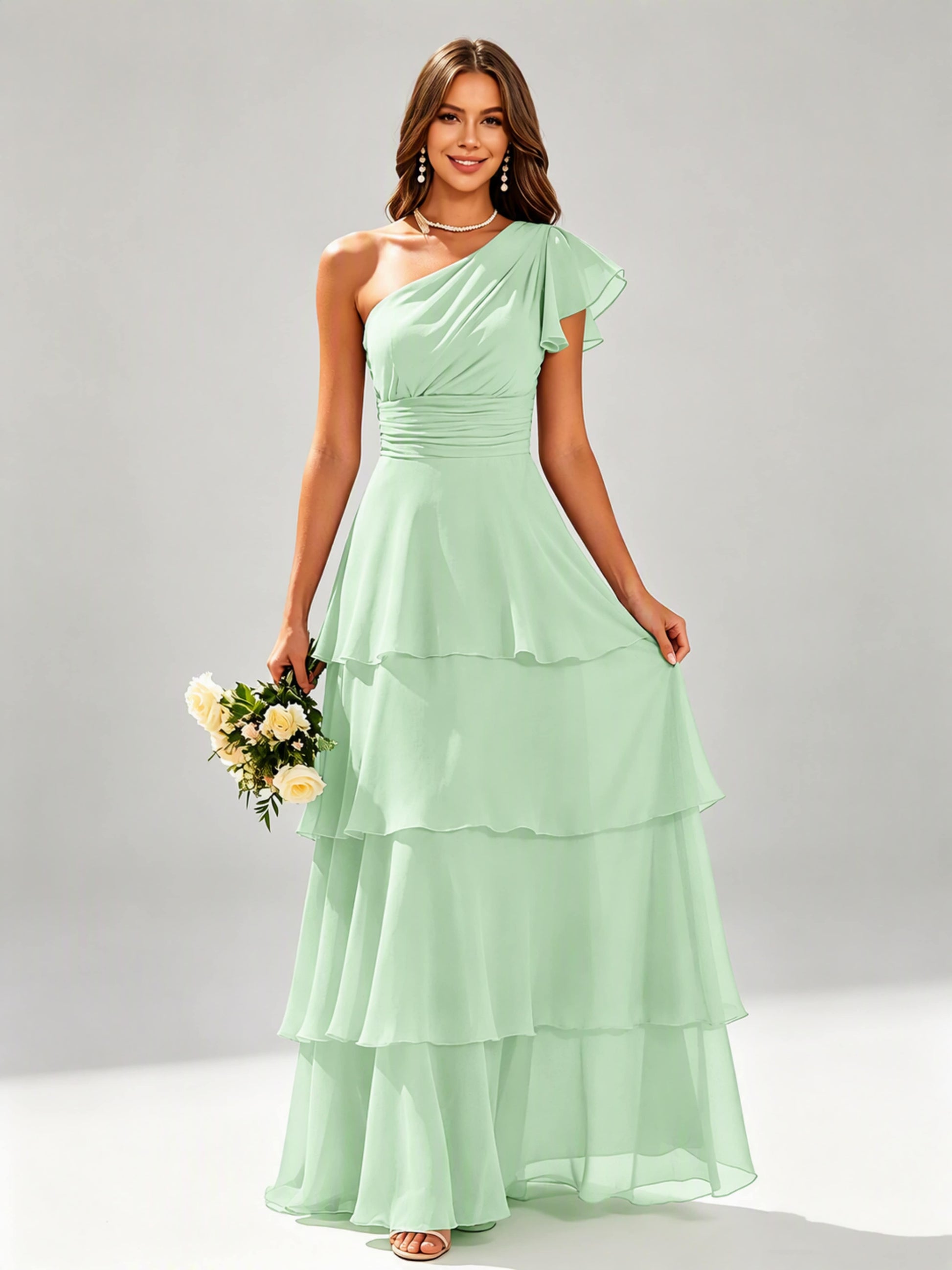 One Shoulder Ruffle Tiered Chiffon Bridesmaid Dress for Wedding