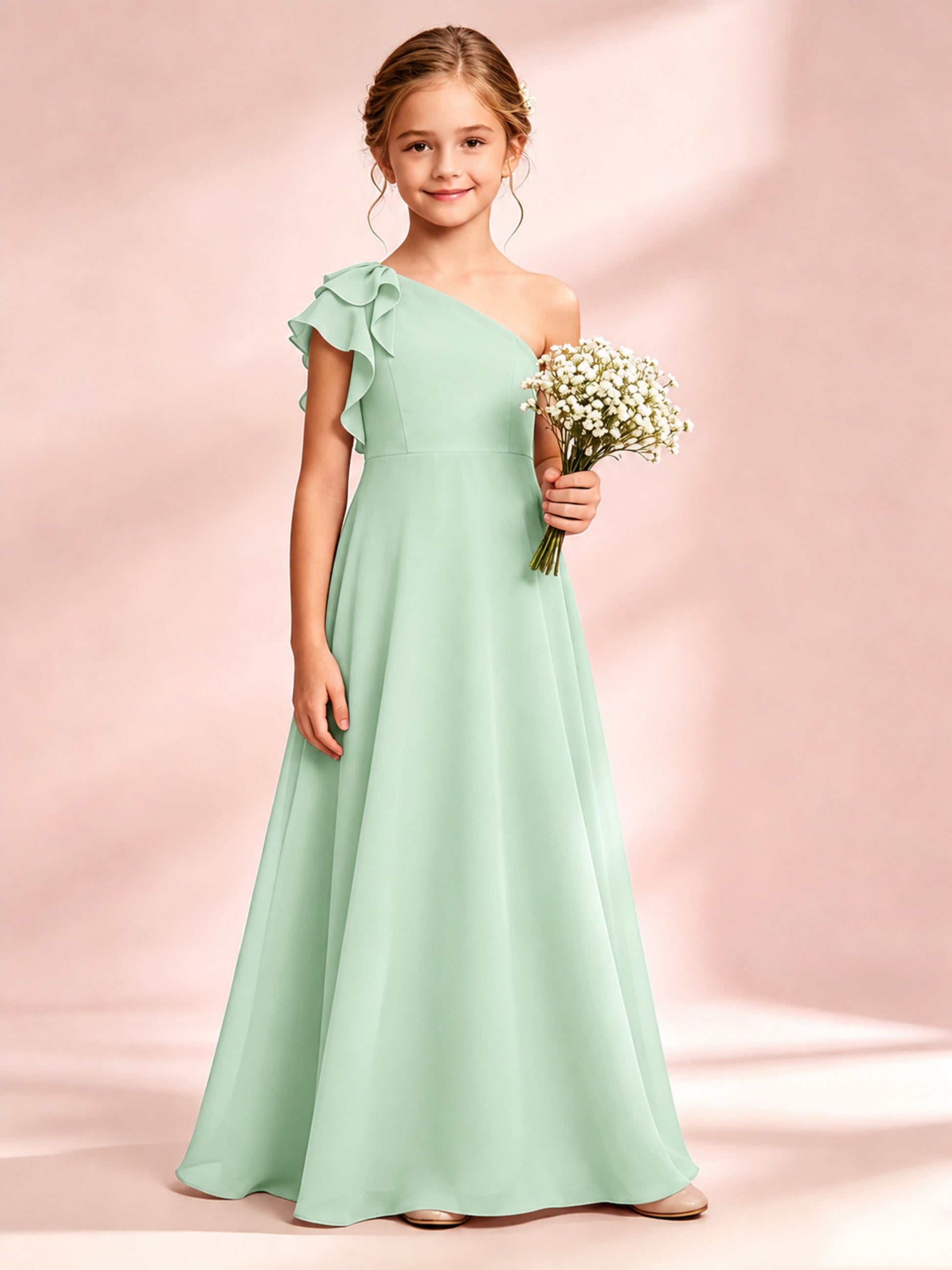 Chiffon Junior Bridesmaid Dress for Wedding One Shoulder Flower Girl Dresses