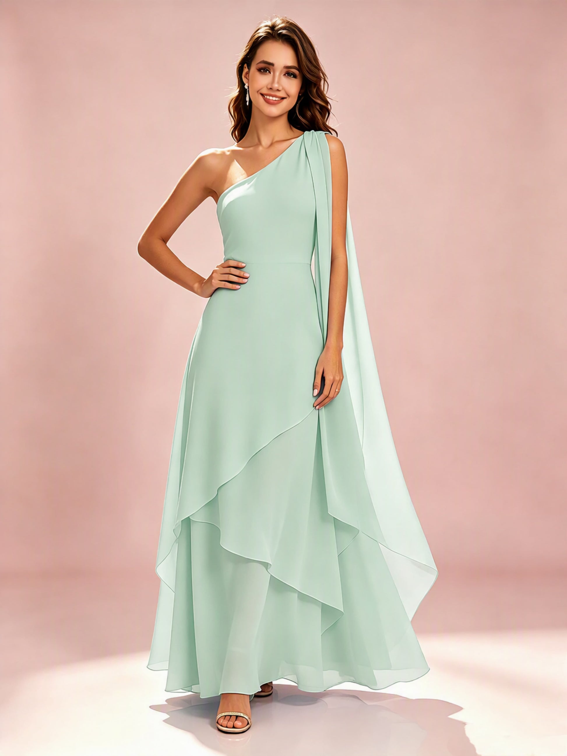 One Shoulder Chiffon Tiered Layered Bridesmaid Dresses for Wedding