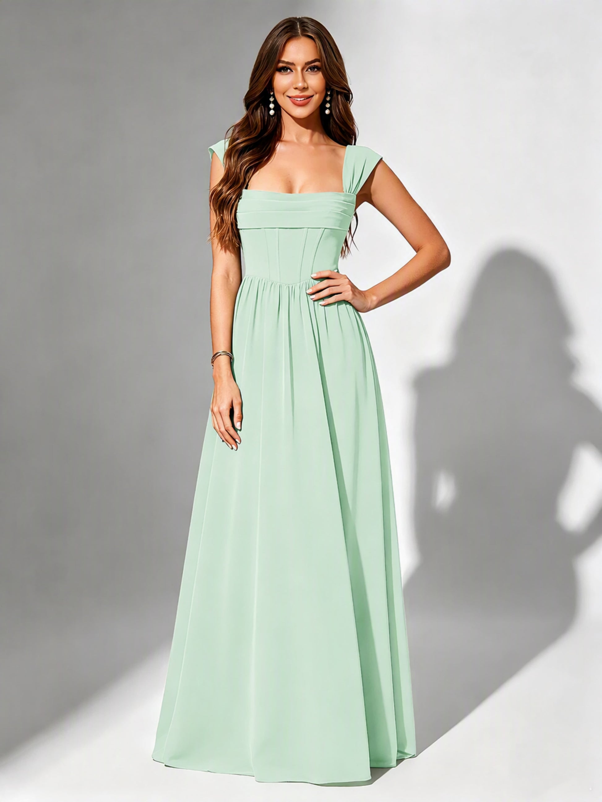 Square Neck Chiffon Bridesmaid Dress Corset Formal Gown