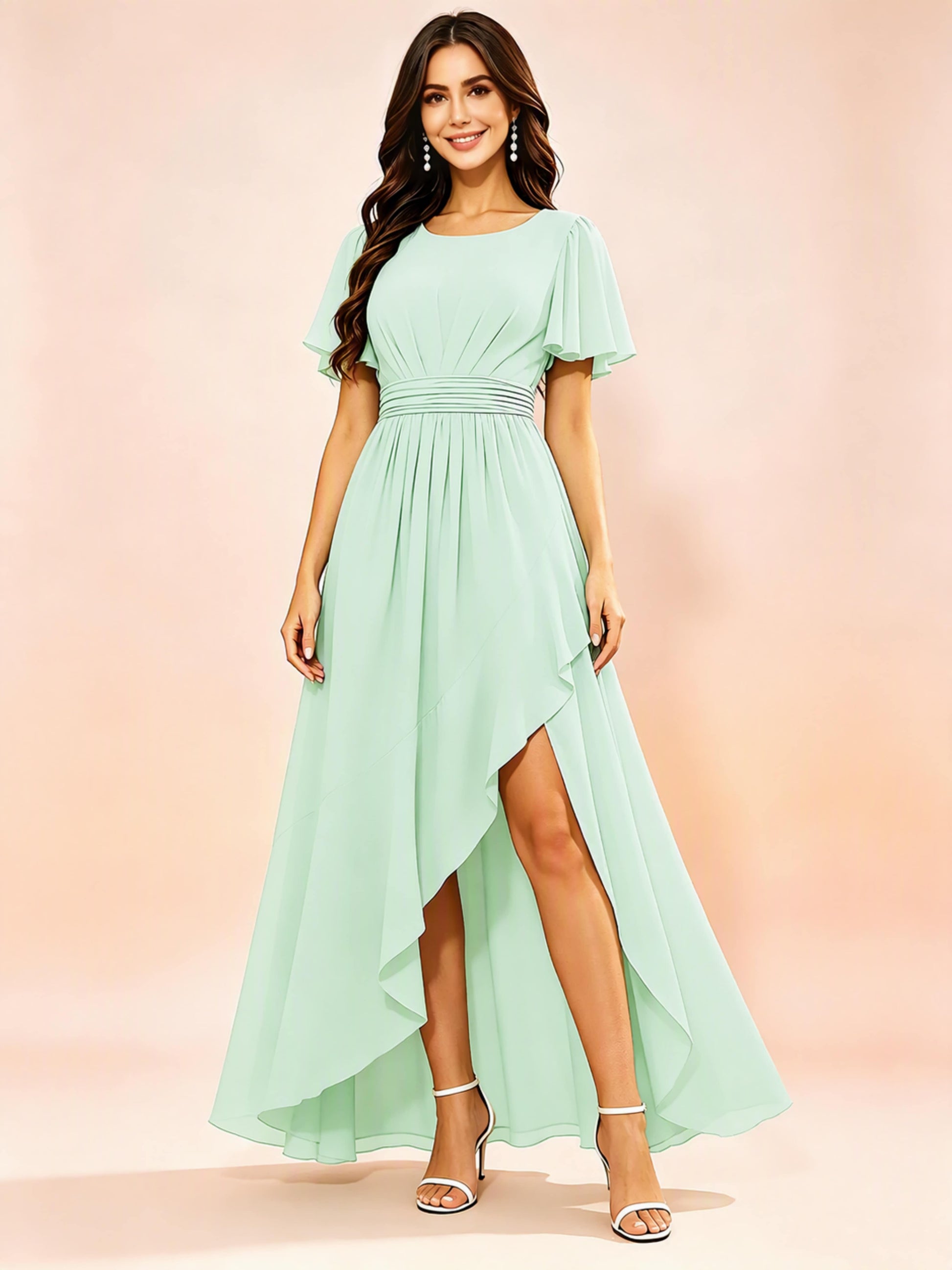 Chiffon High Low Round Neck Bridesmaid / Wedding Guest Dresses