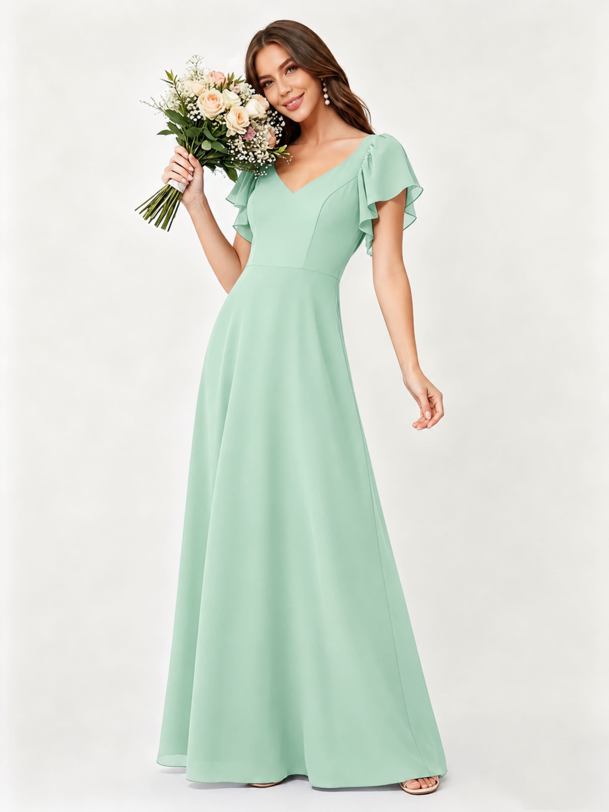 Ruffle Sleeve Chiffon Bridesmaid Dresses for Women Wedding