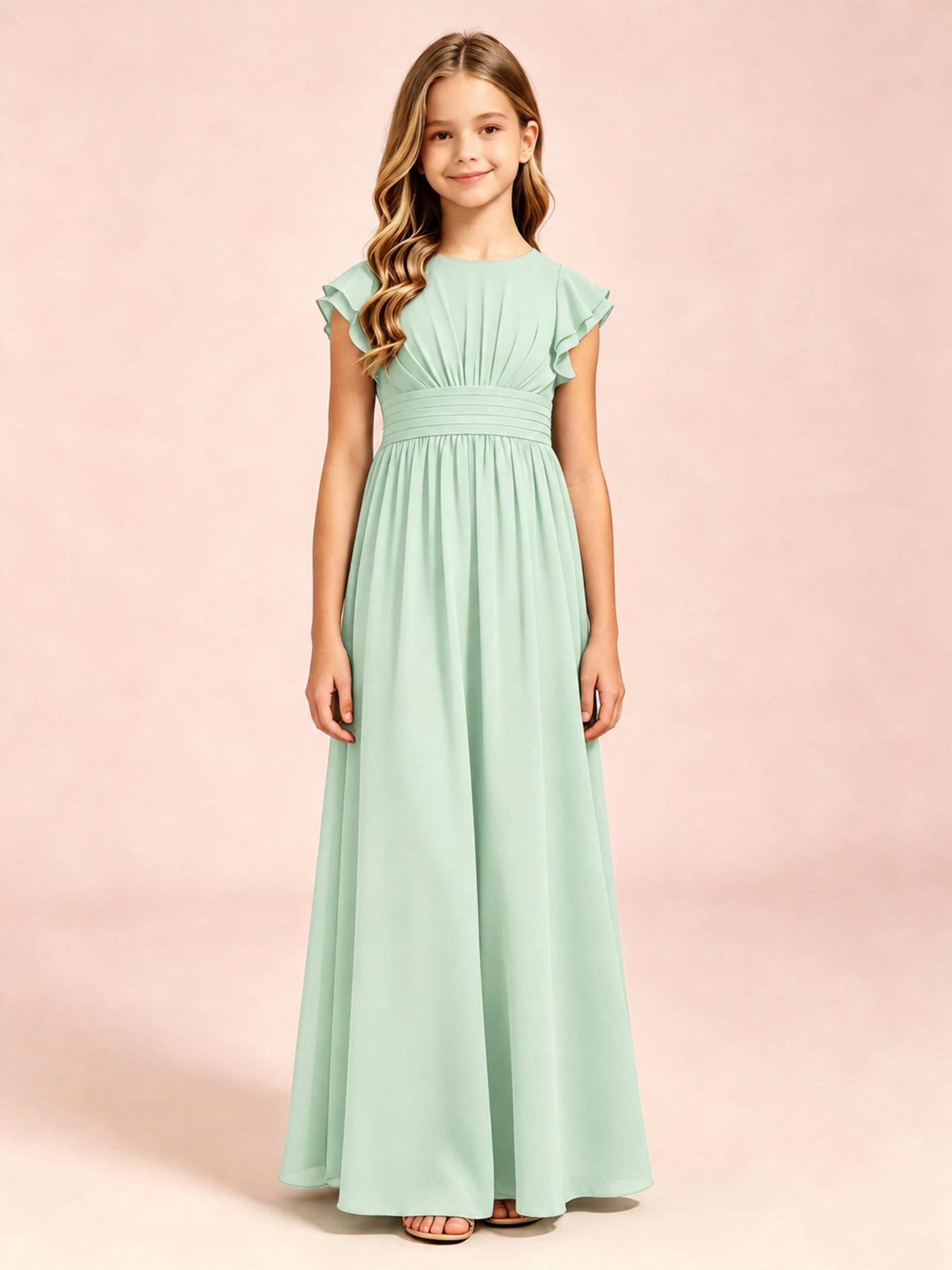 Chiffon Ruffle Cap Sleeve Junior Bridesmaid Dress for Wedding
