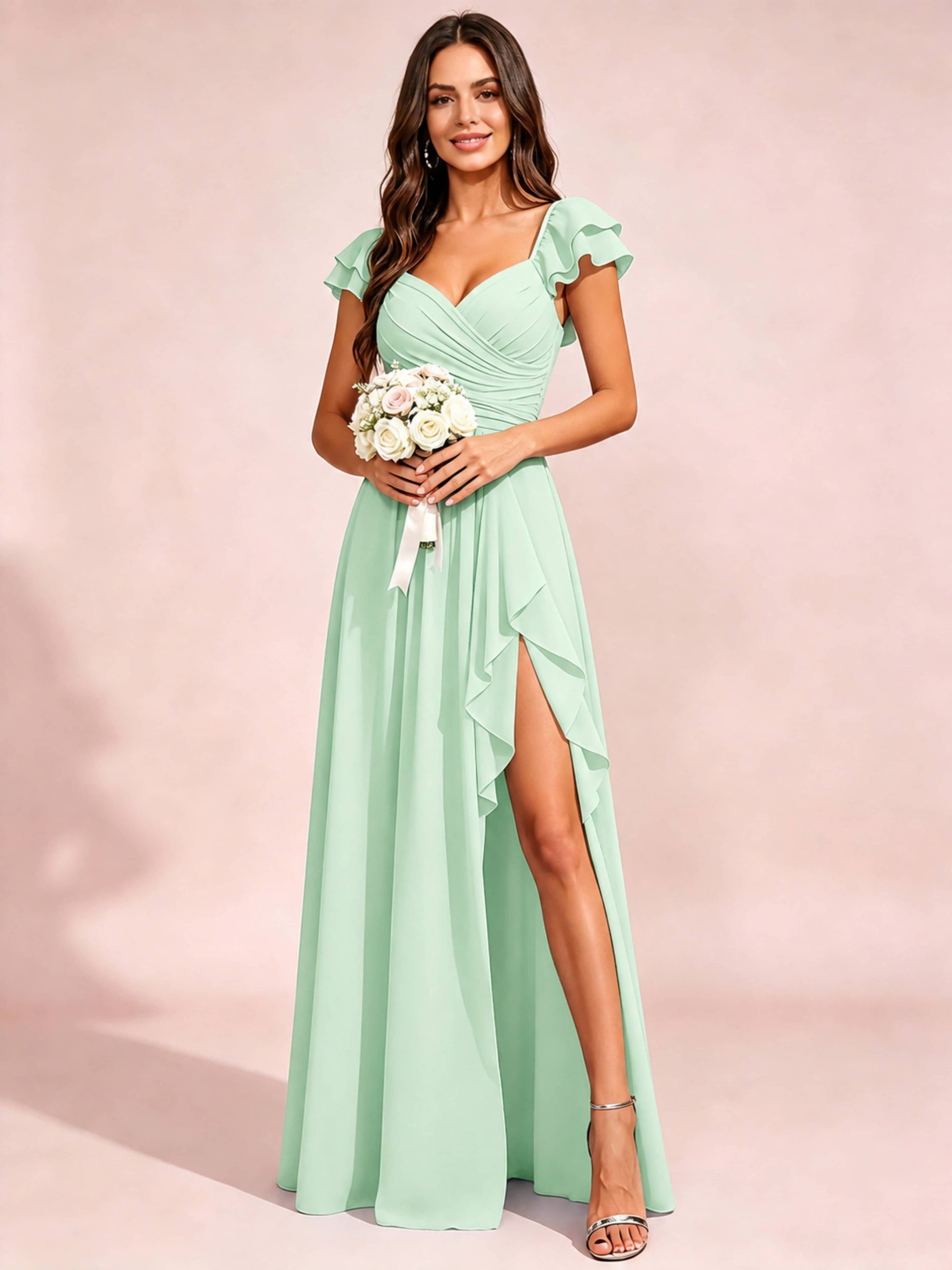 Chiffon Sweetheart Neck Ruched Bust Bridesmaid Dresses with Ruffle Slit