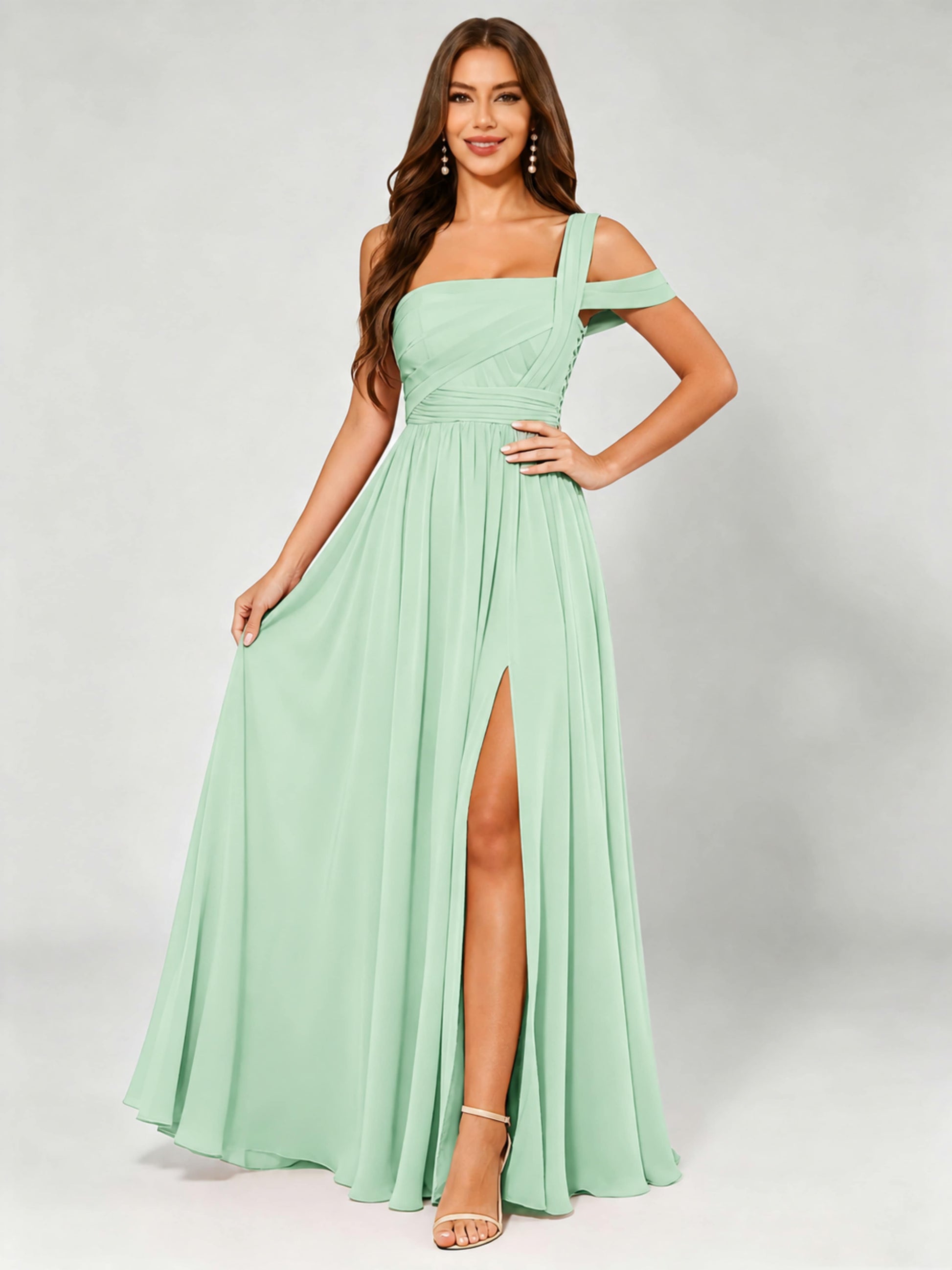 One Shoulder Chiffon Pleated Bridesmaid Dresses for Wedding