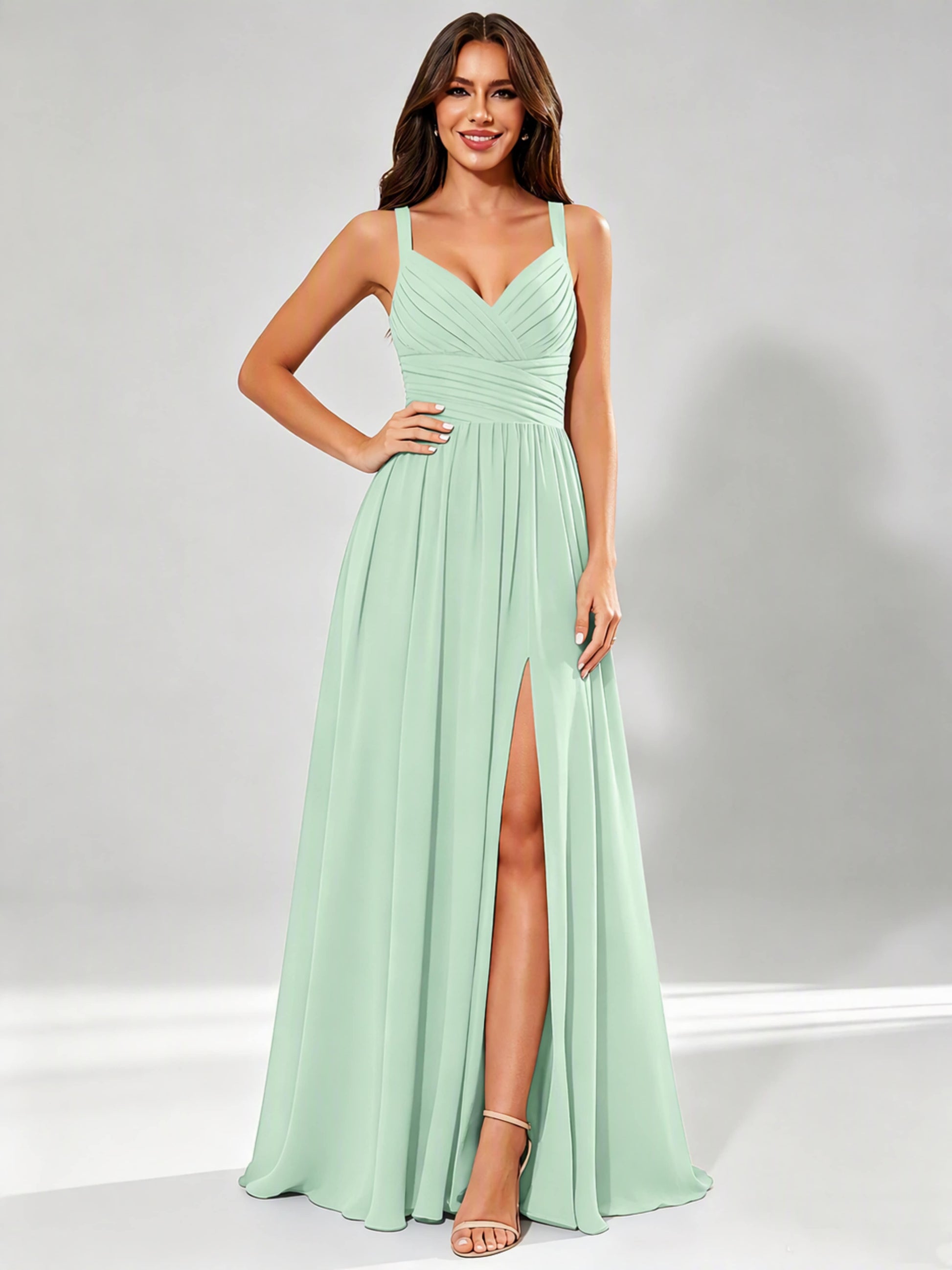 Spaghetti Straps Chiffon Ruched Bust Pleated Bridesmaid Dress for Wedding