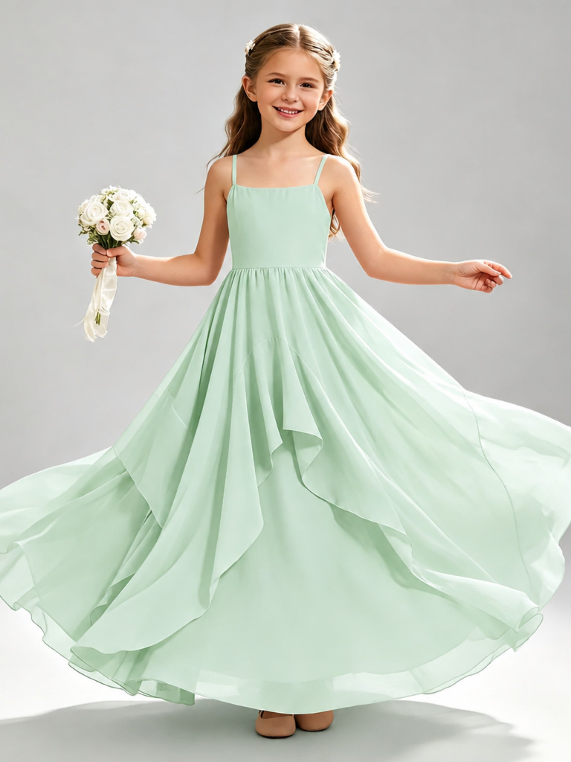 A-Line Spaghetti Straps Ruffle Junior Bridesmaid Dresses